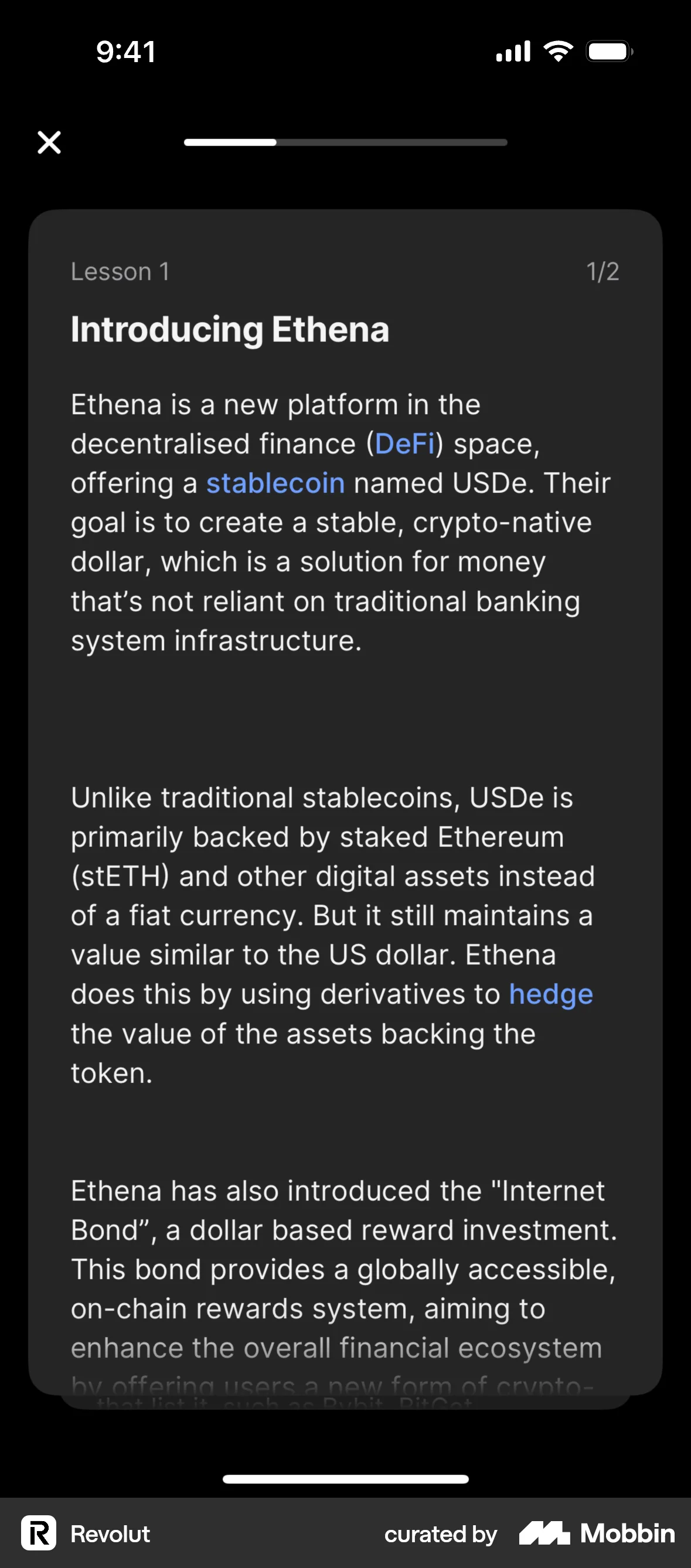 Revolut iOS Class & Lesson Detail screen