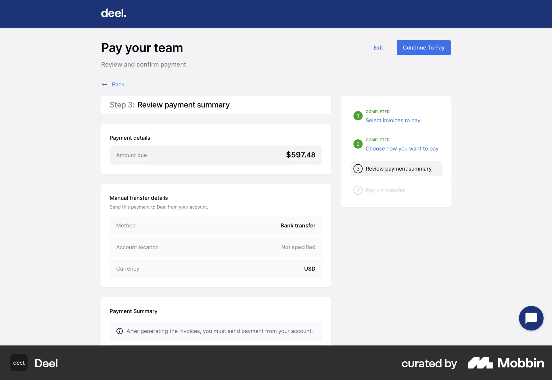Deel Web Transfer & Send Money screen