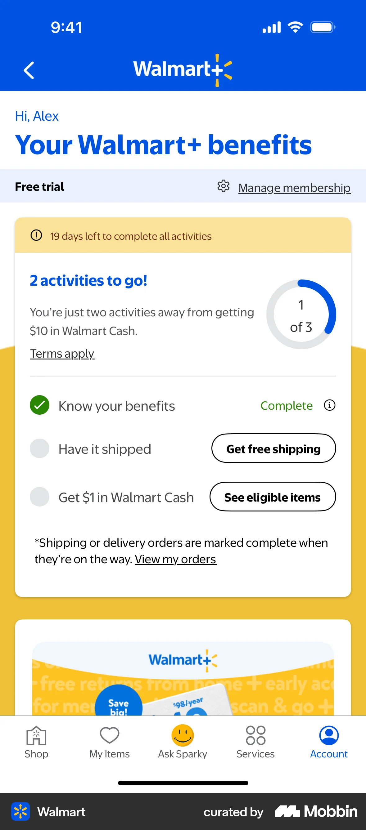 Walmart iOS Goal & Task screen