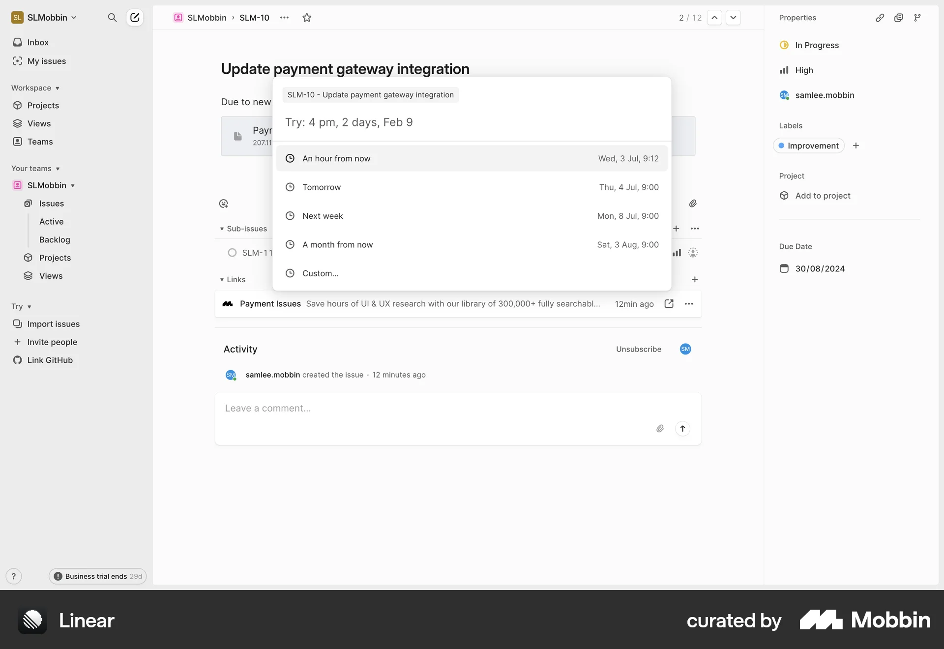 Linear Web Schedule screen