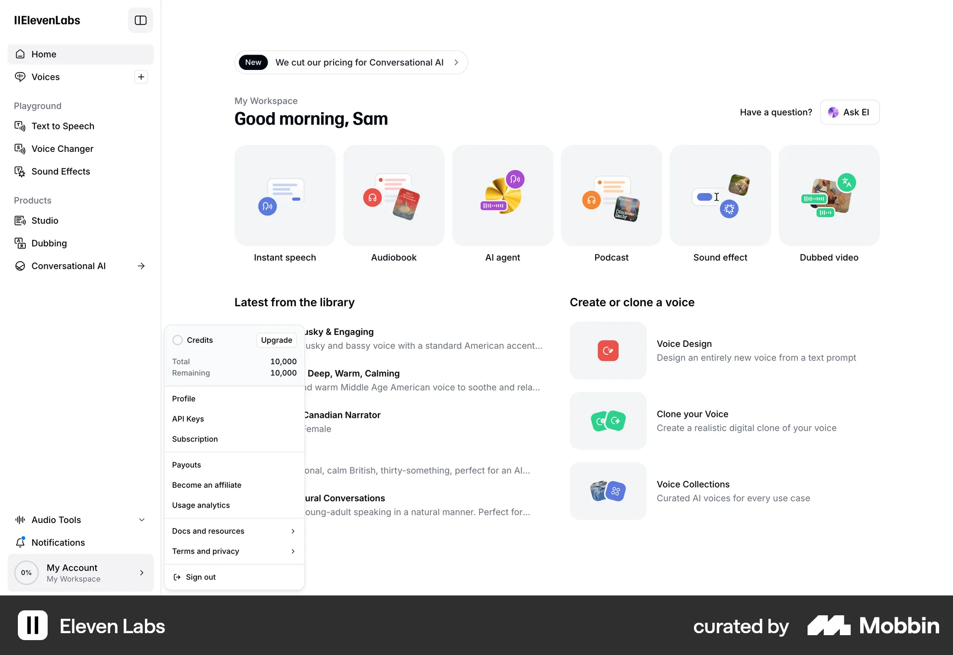 ElevenLabs Web Wallet & Balance screen