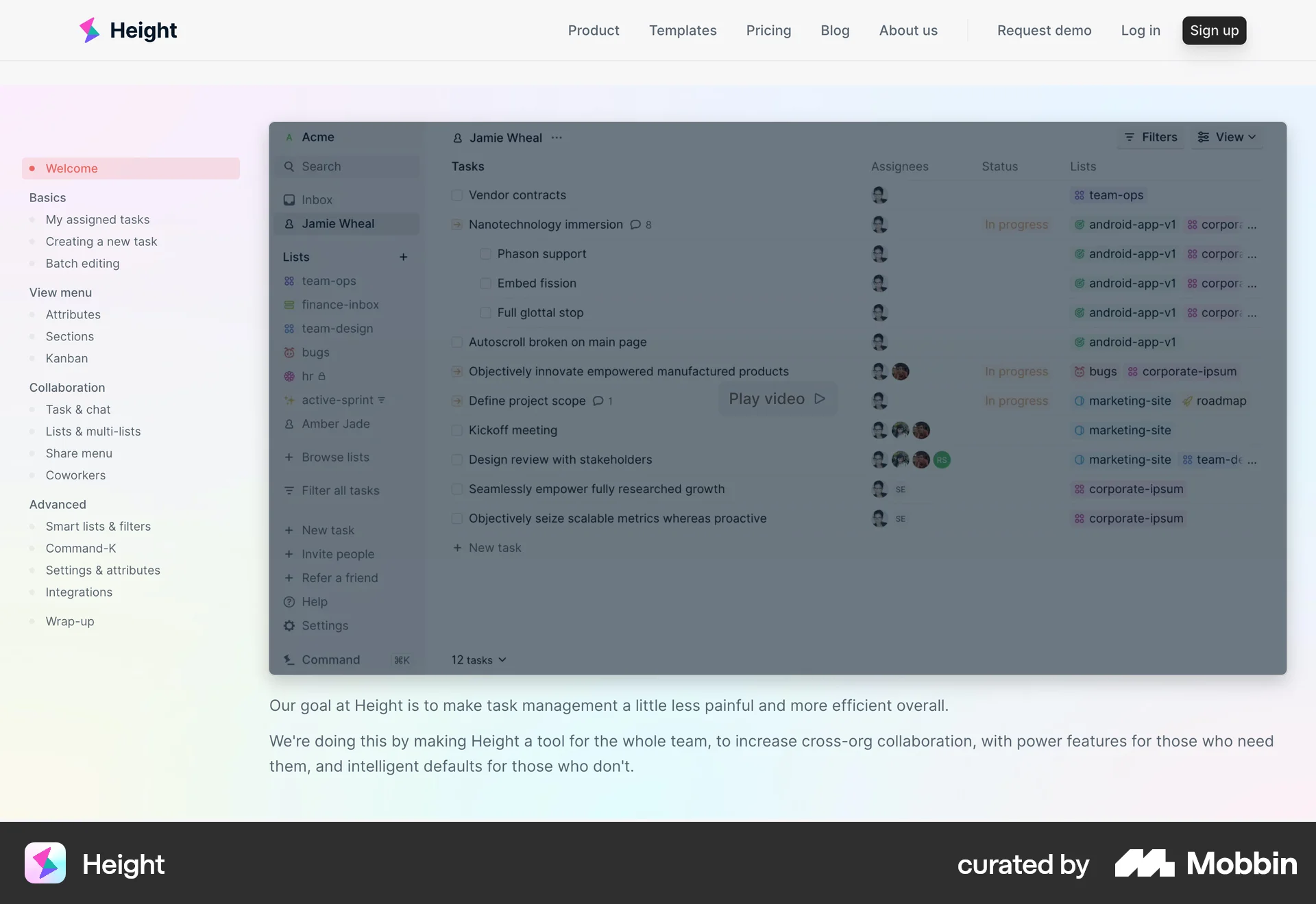Height Web screen containing Table of Contents UI element