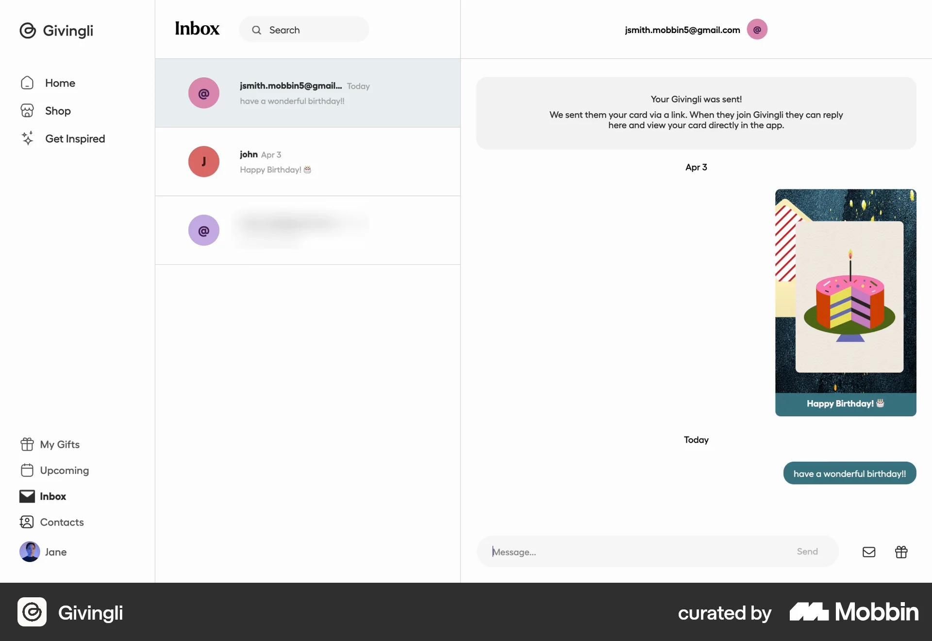 Givingli Web Emails & Messages screen