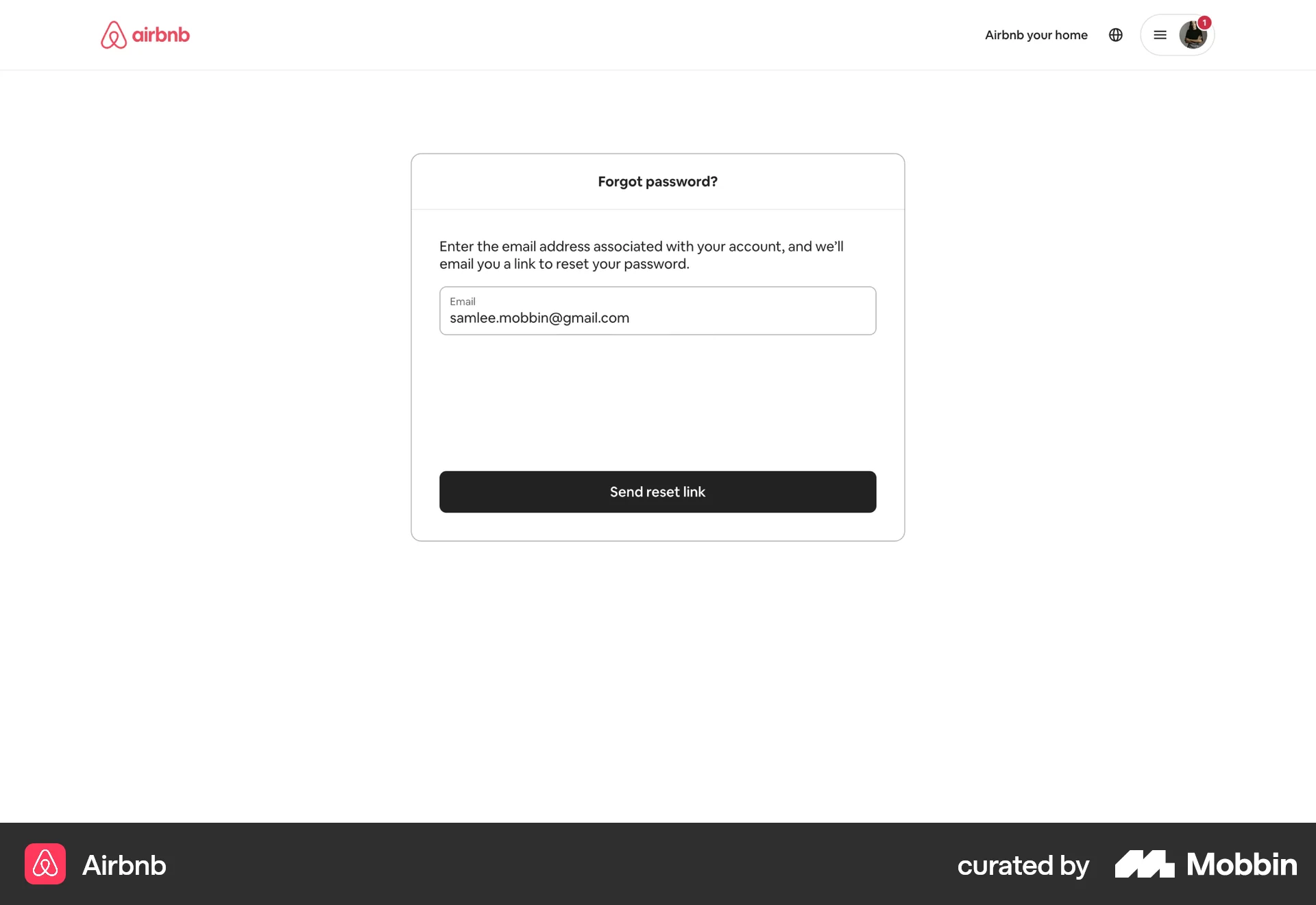 Airbnb Web Forgot Password screen