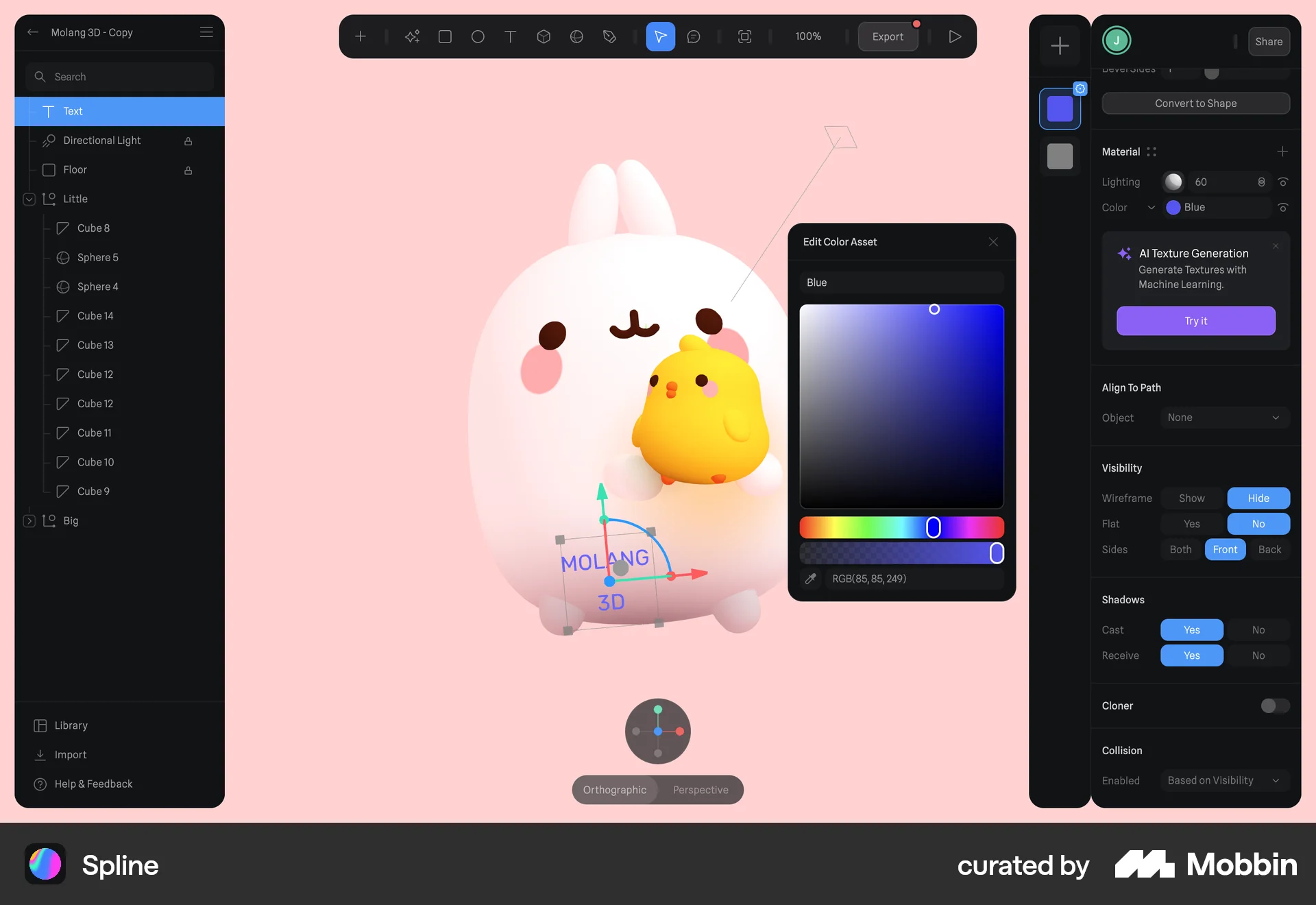 Spline Web screen containing Color Picker UI element