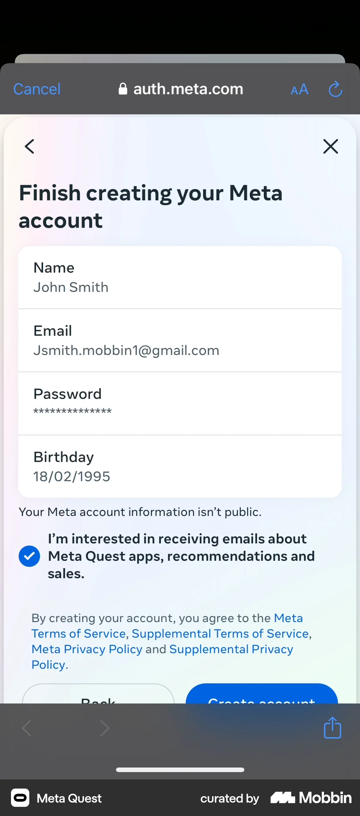Meta Quest iOS Signup screen