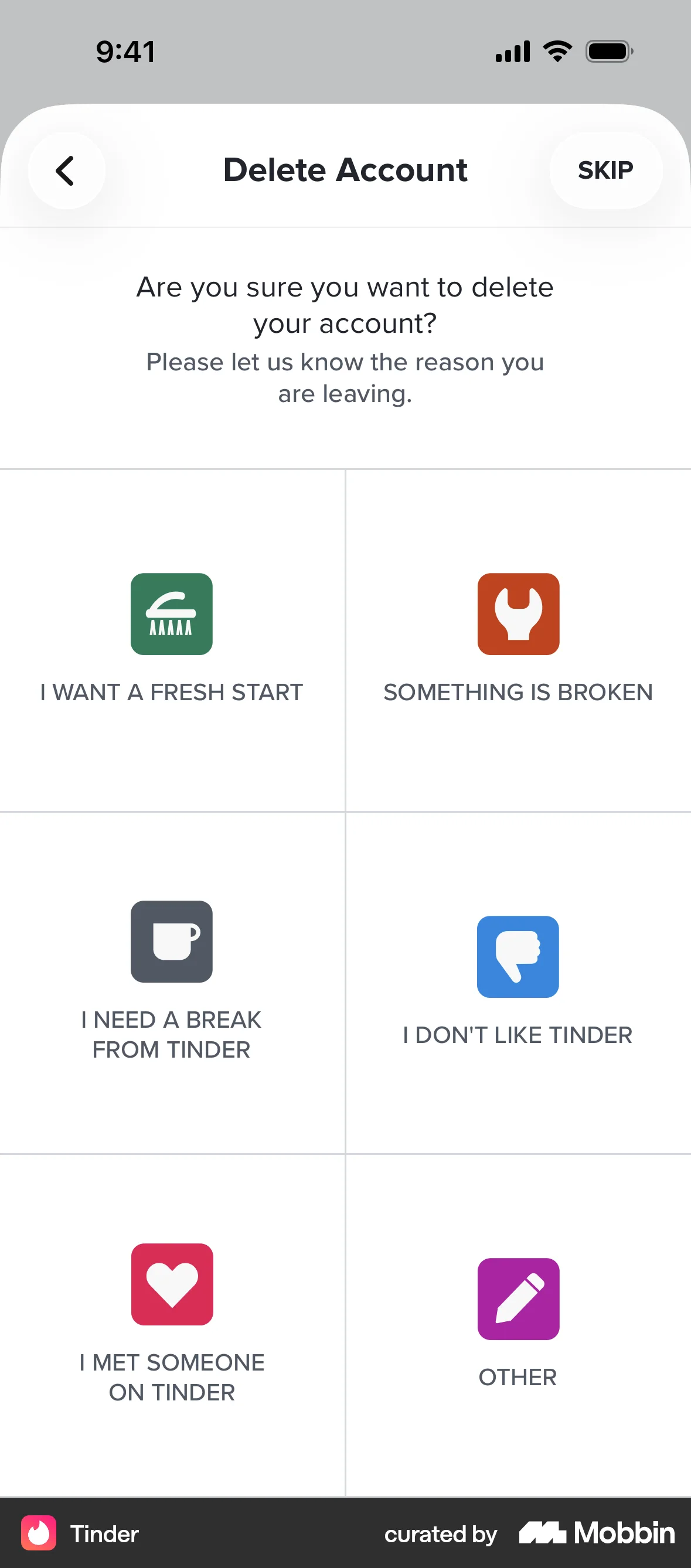 Tinder iOS Feedback screen