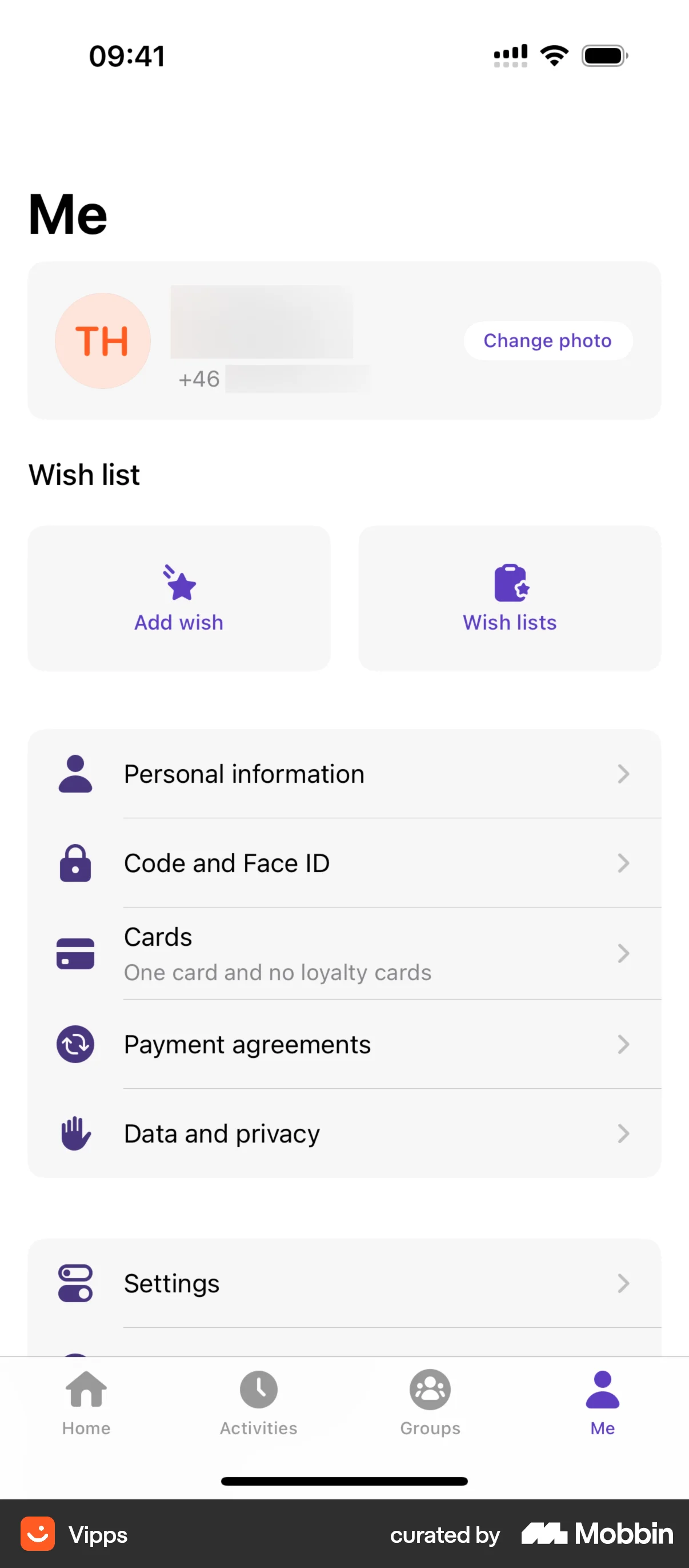 Vipps iOS Settings & Preferences screen