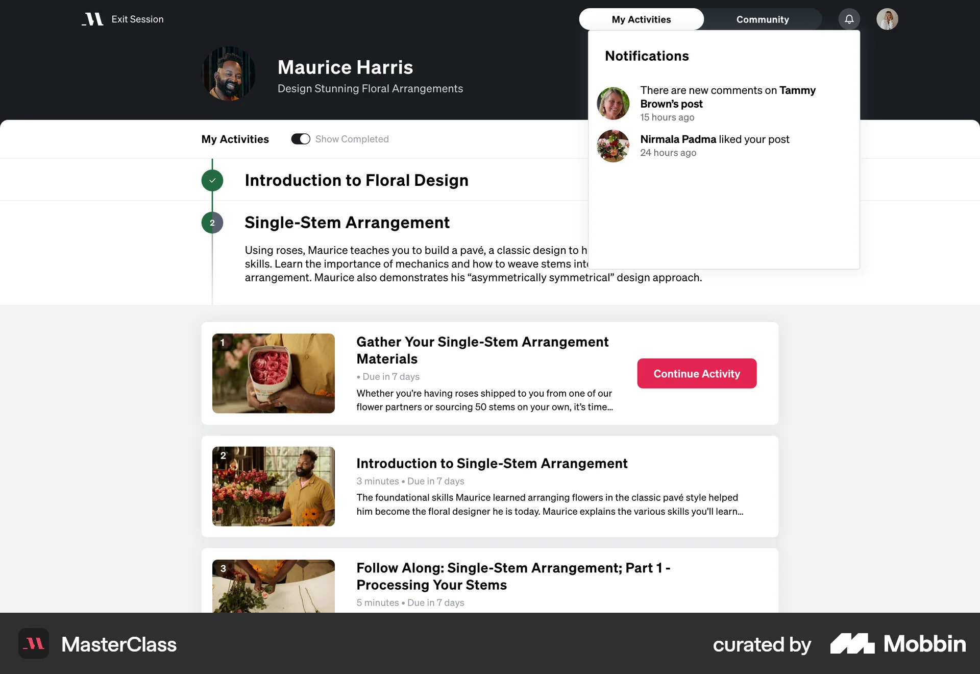 MasterClass Web Notifications screen