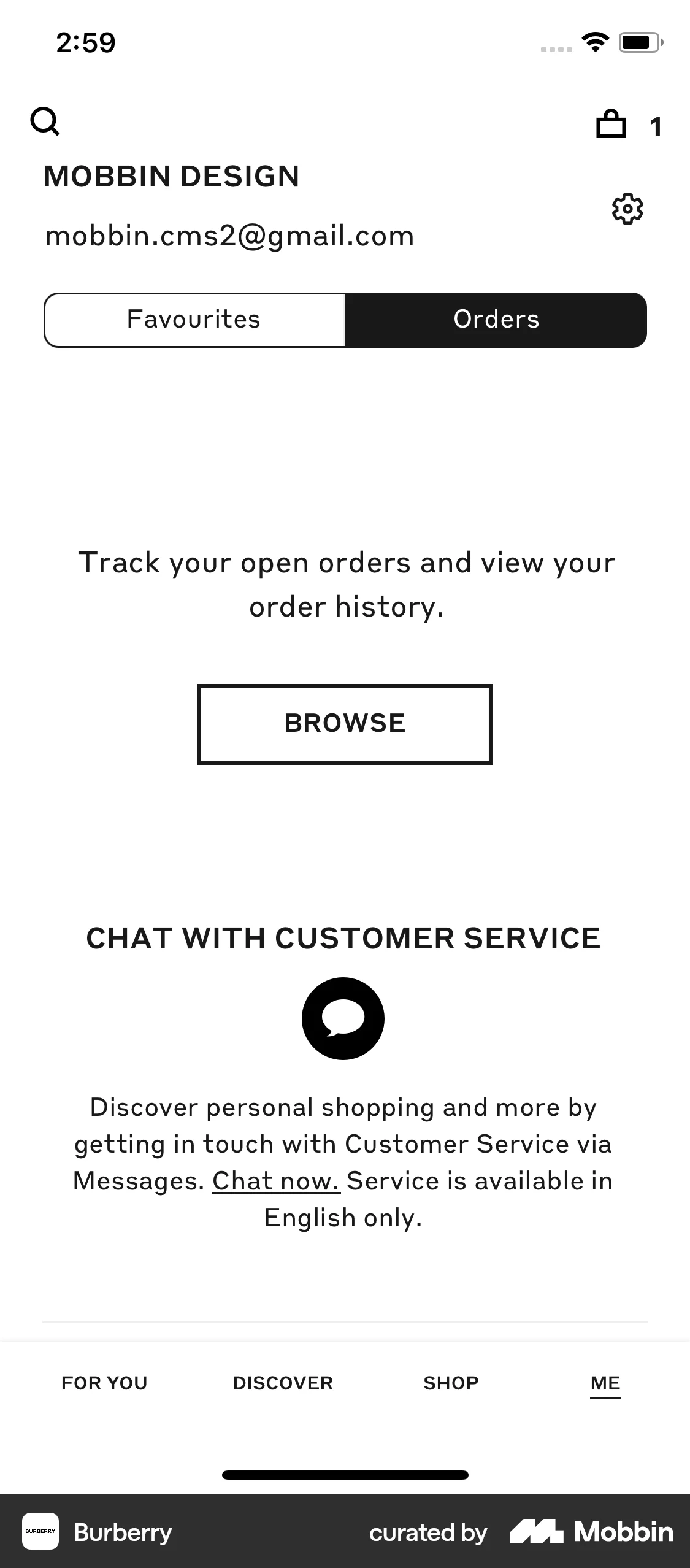 Burberry iOS Order History screen