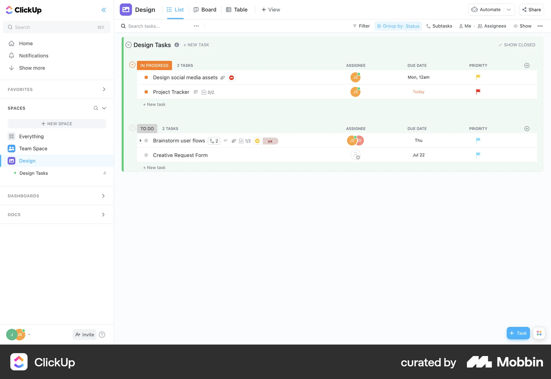 ClickUp Web Goal & Task screen
