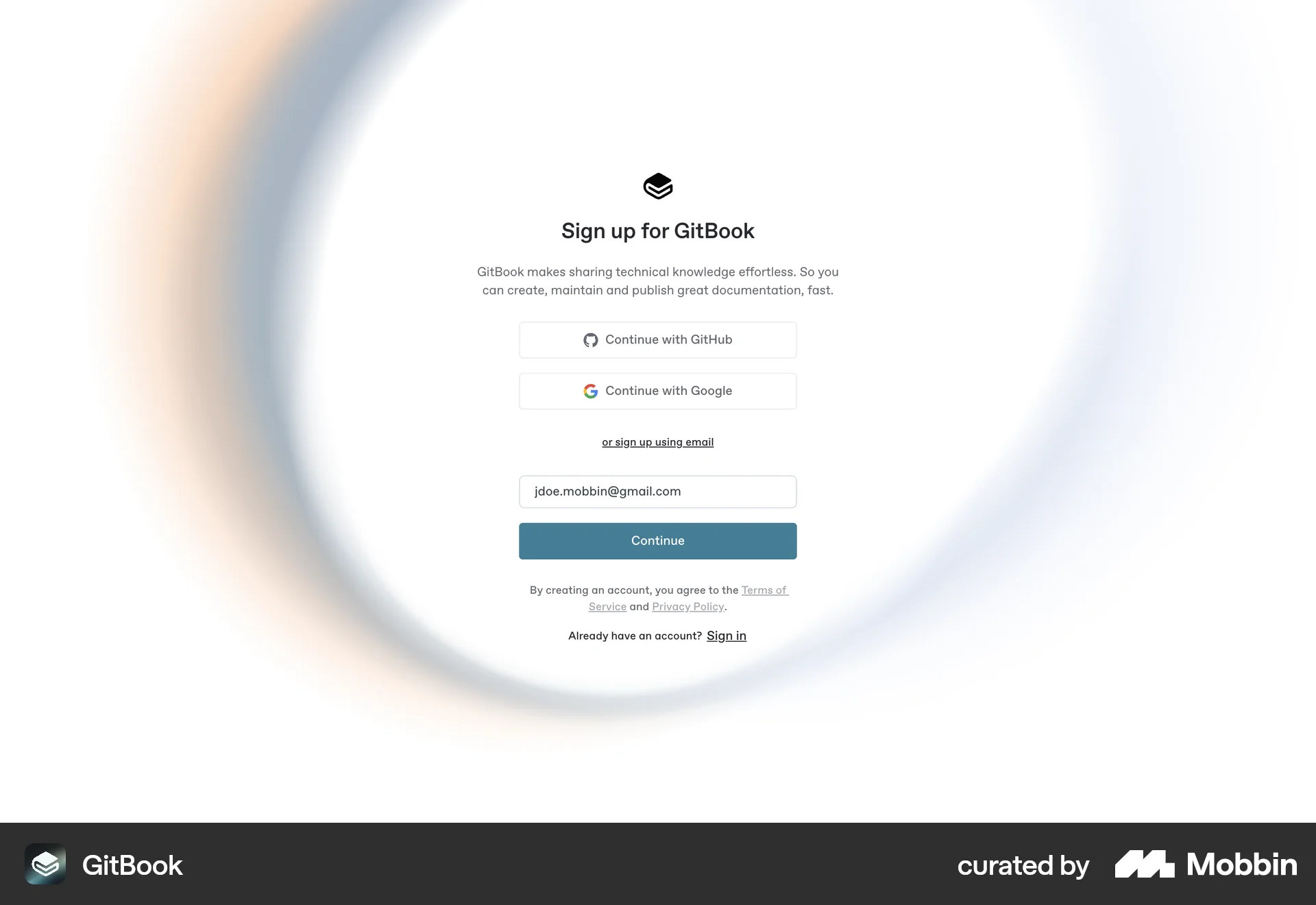 GitBook Web Signup screen