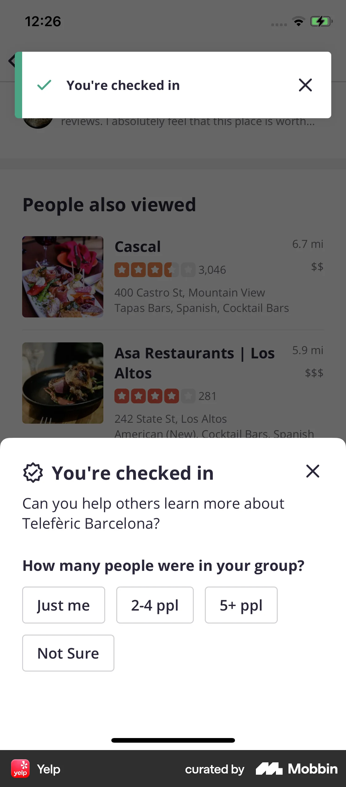 Yelp iOS screen containing Toast UI element