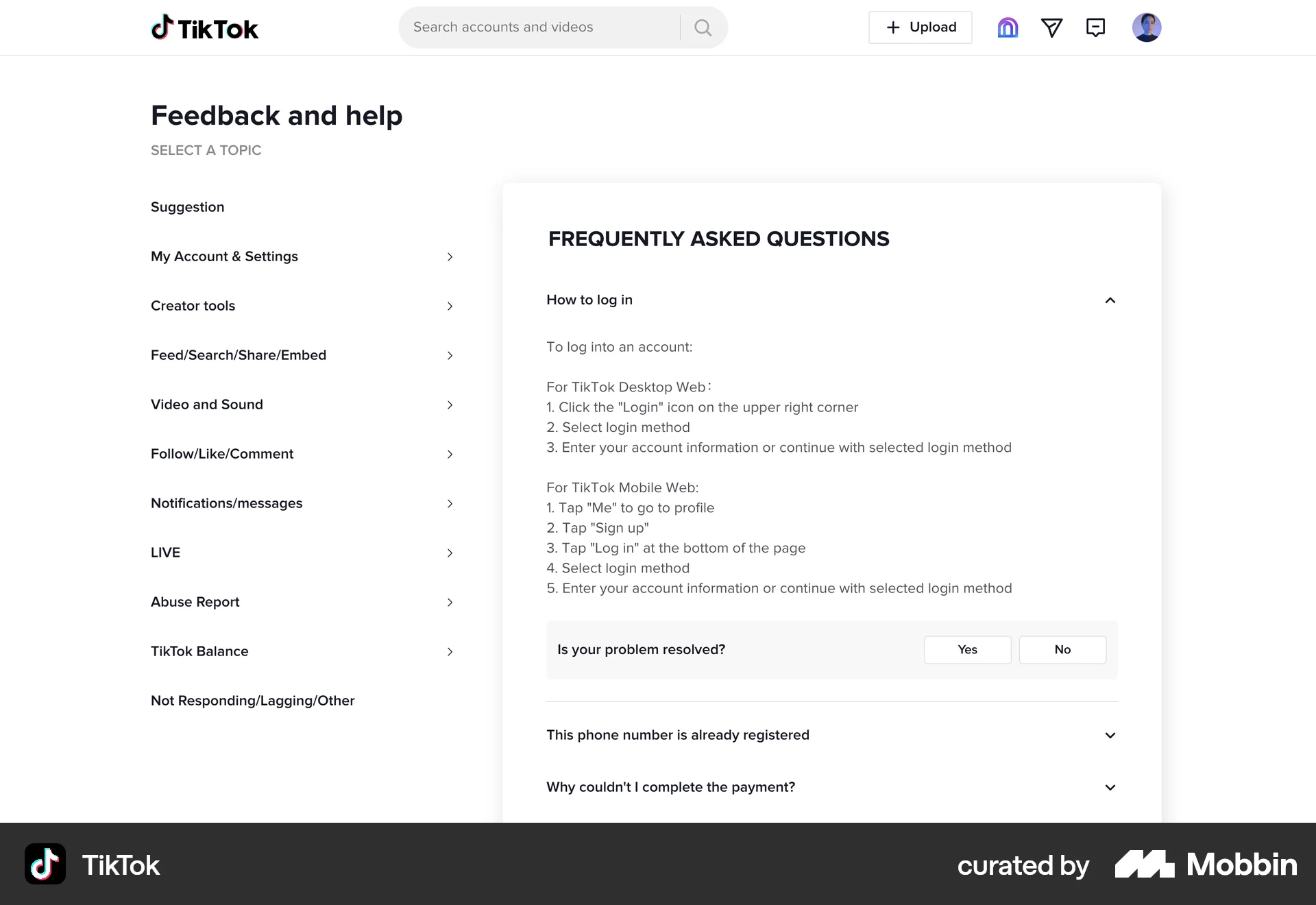 TikTok Web Help & Support screen