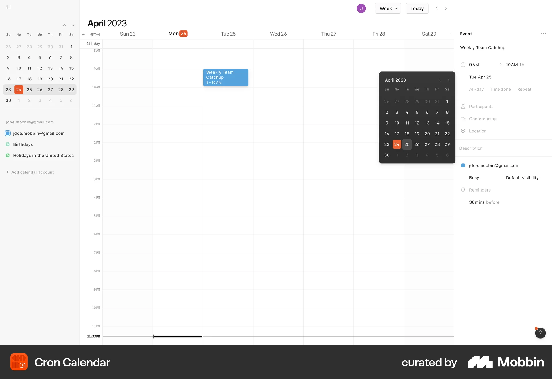Cron Calendar Web screen containing Date Picker UI element