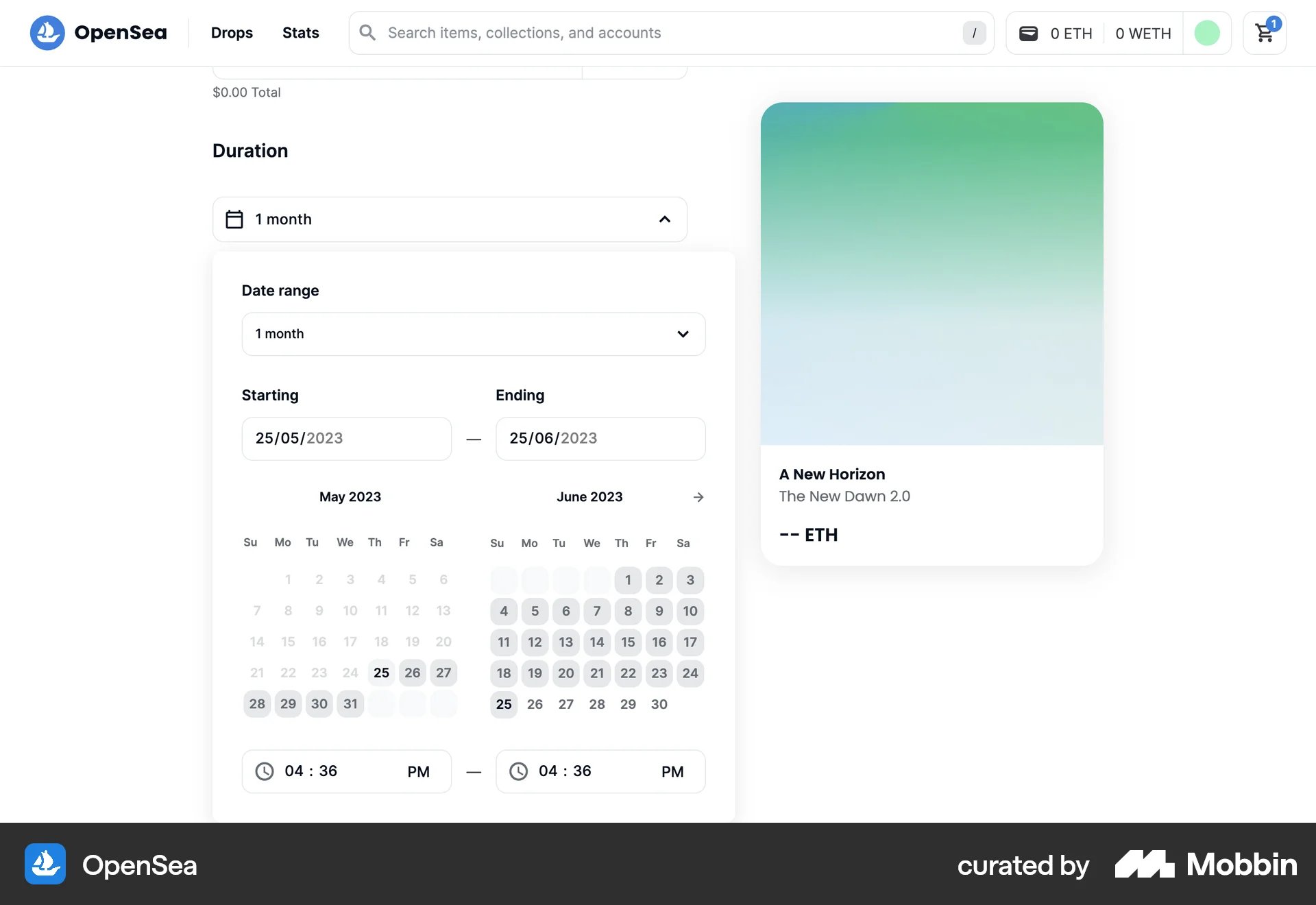 OpenSea Web Calendar screen
