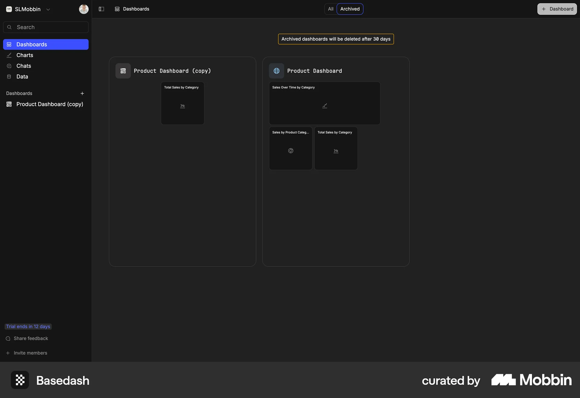 Basedash Web Trash & Archive screen