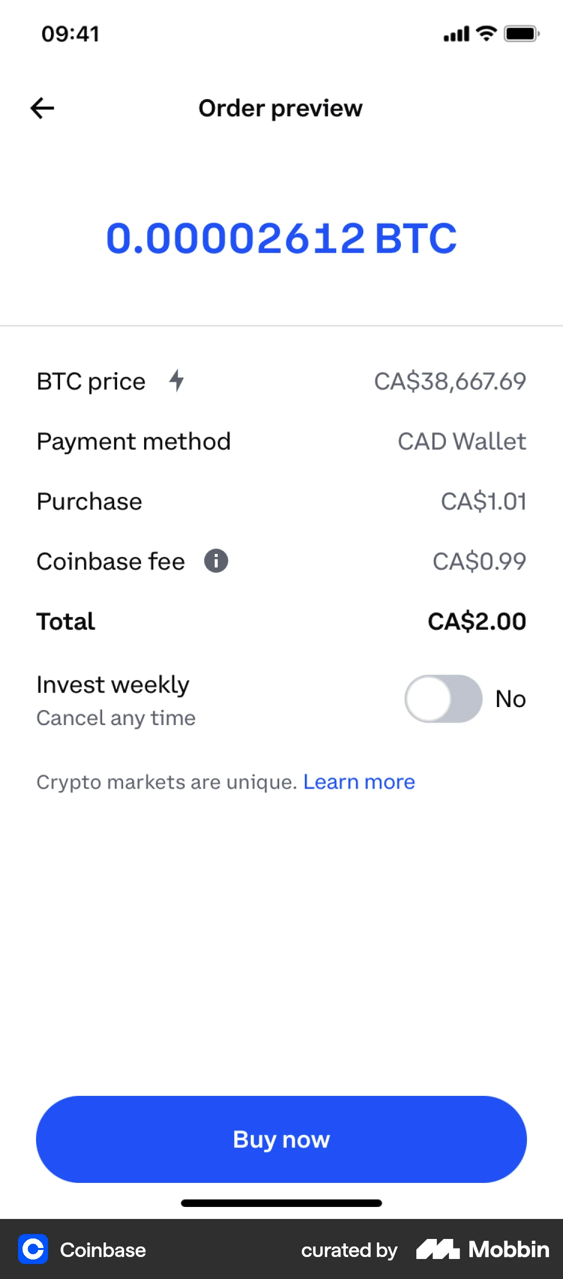 Coinbase iOS Checkout screen