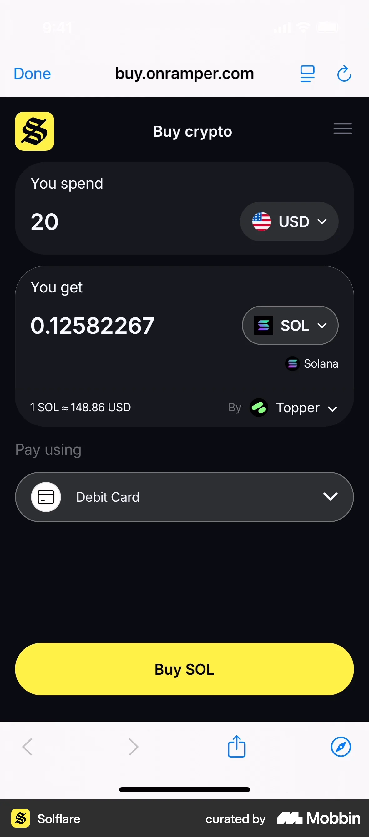 Solflare iOS Browser screen