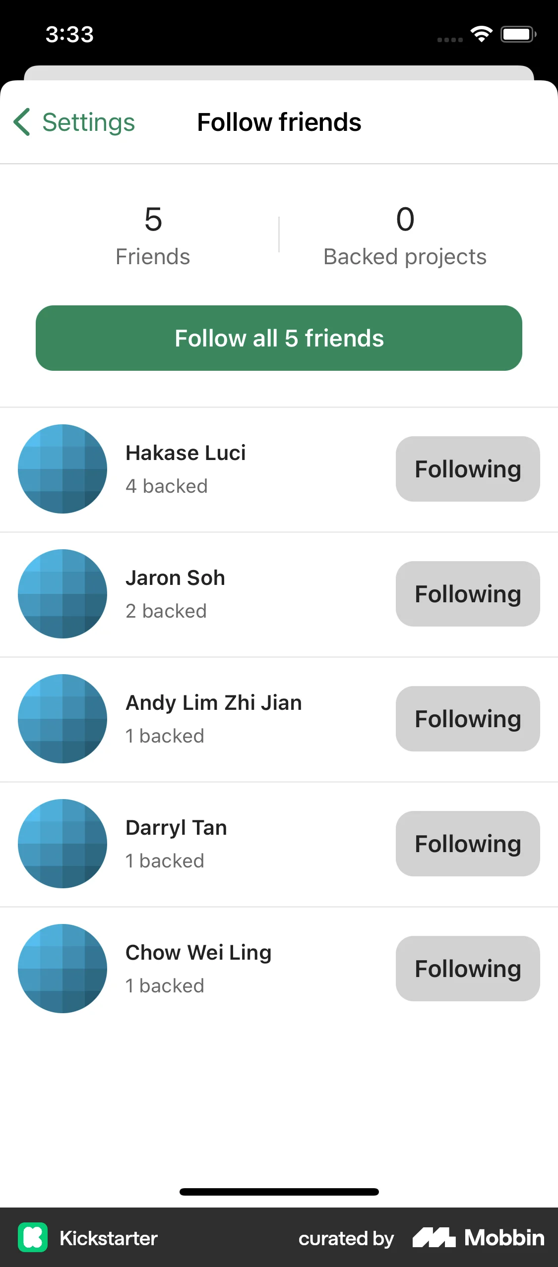 Kickstarter iOS Follow & Subscribe screen