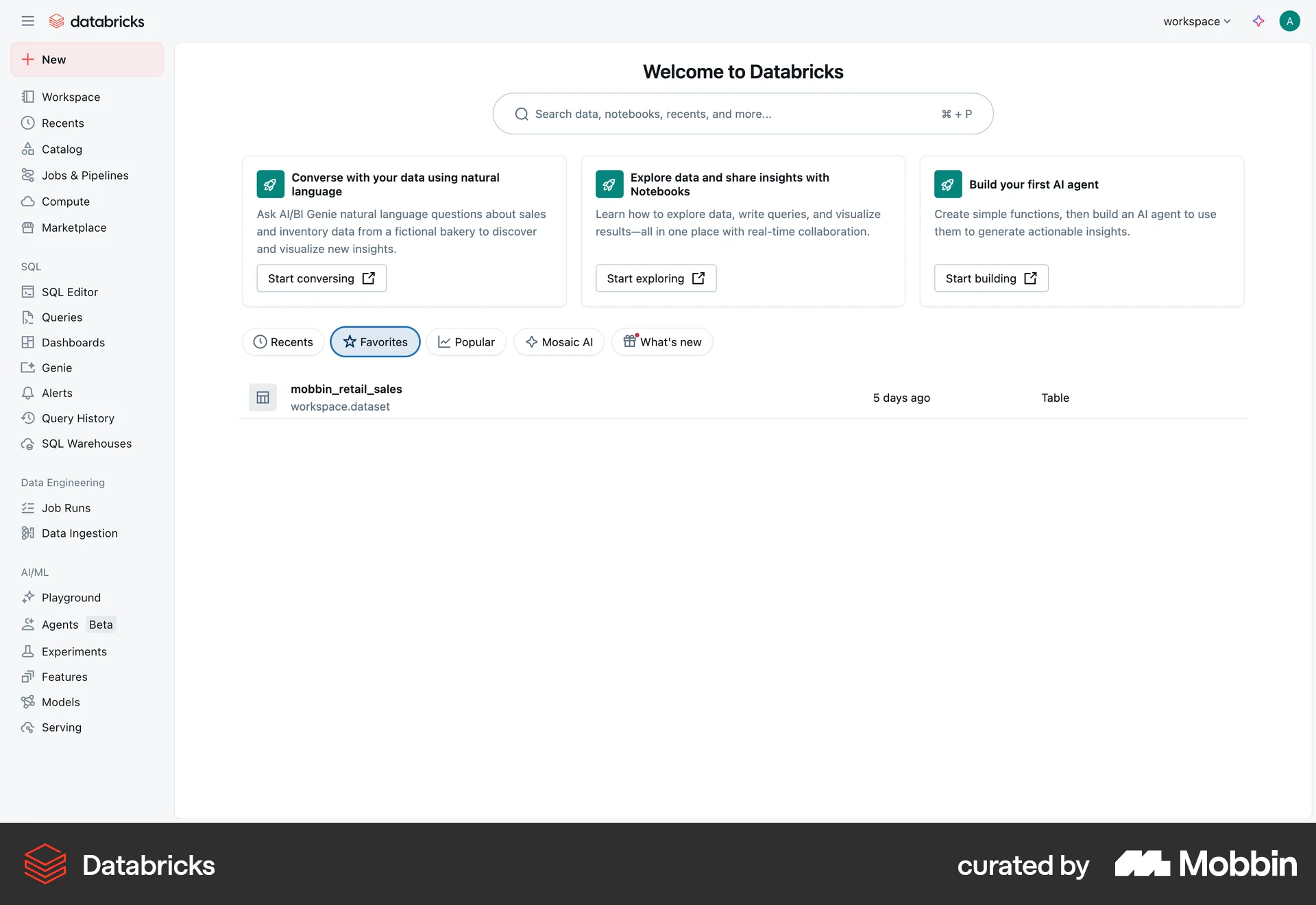 Databricks Web Bookmarks & Collections screen