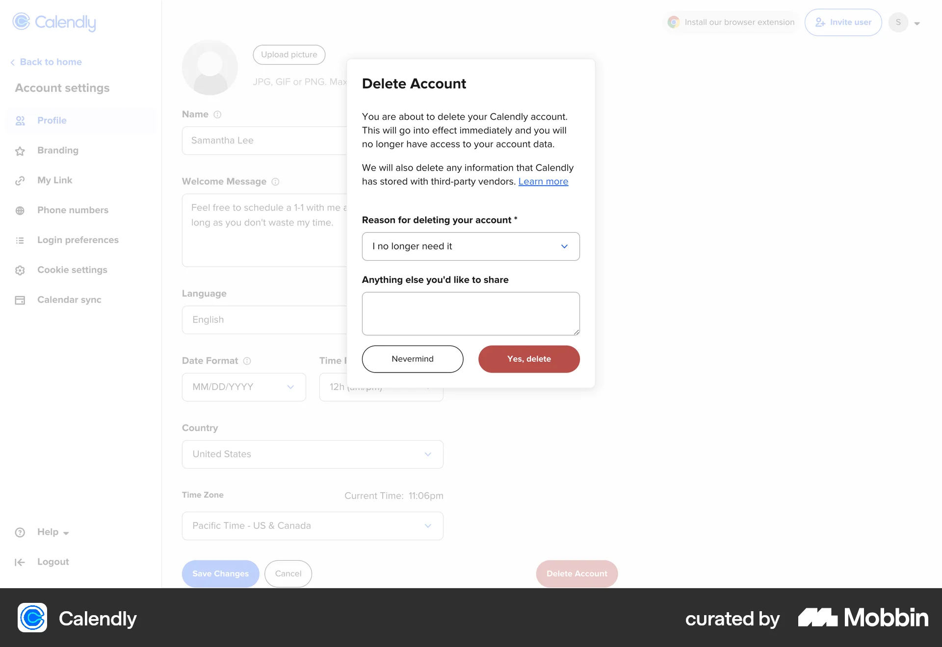 Calendly Web Delete & Deactivate Account screen