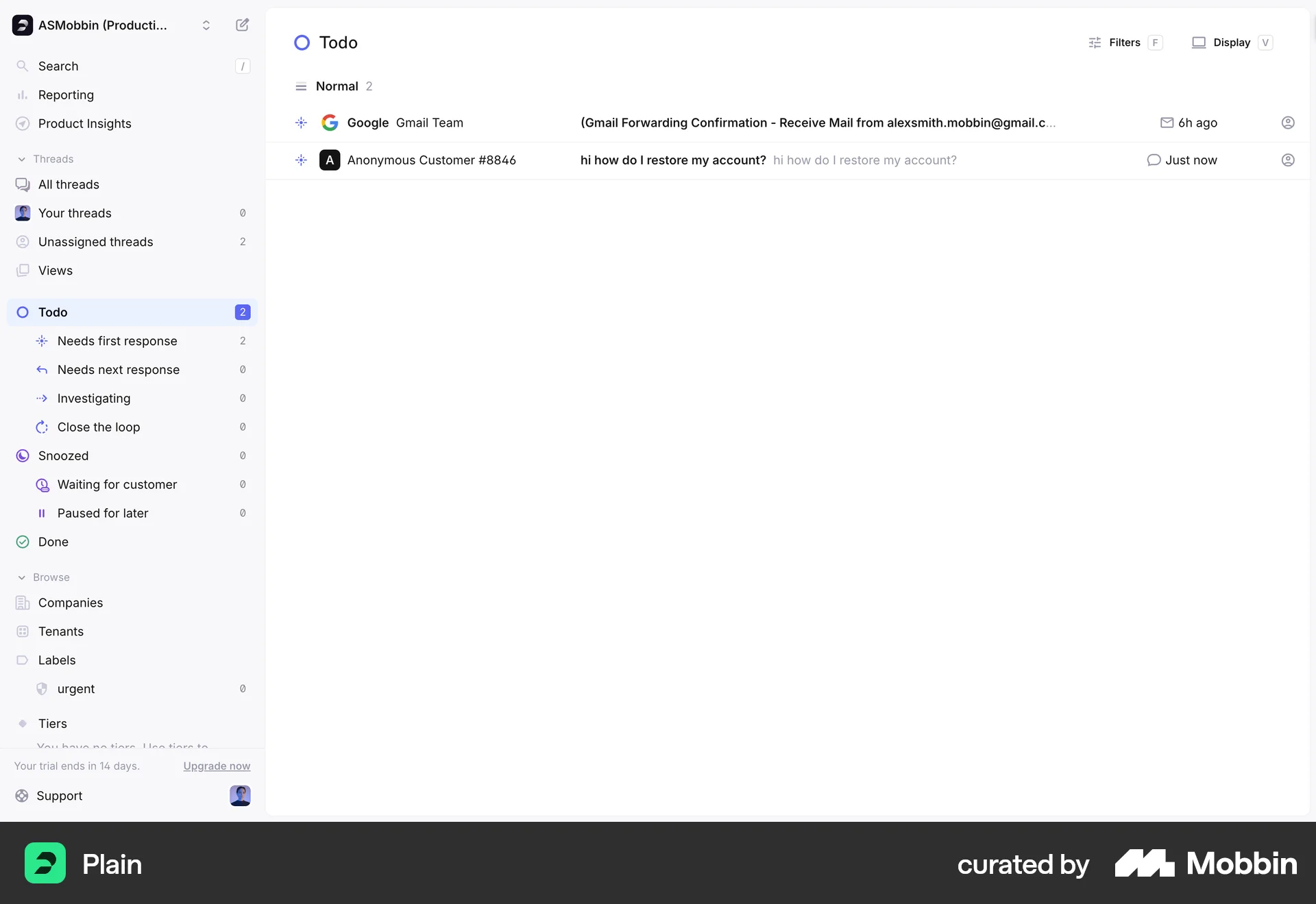 Plain Web Goal & Task screen