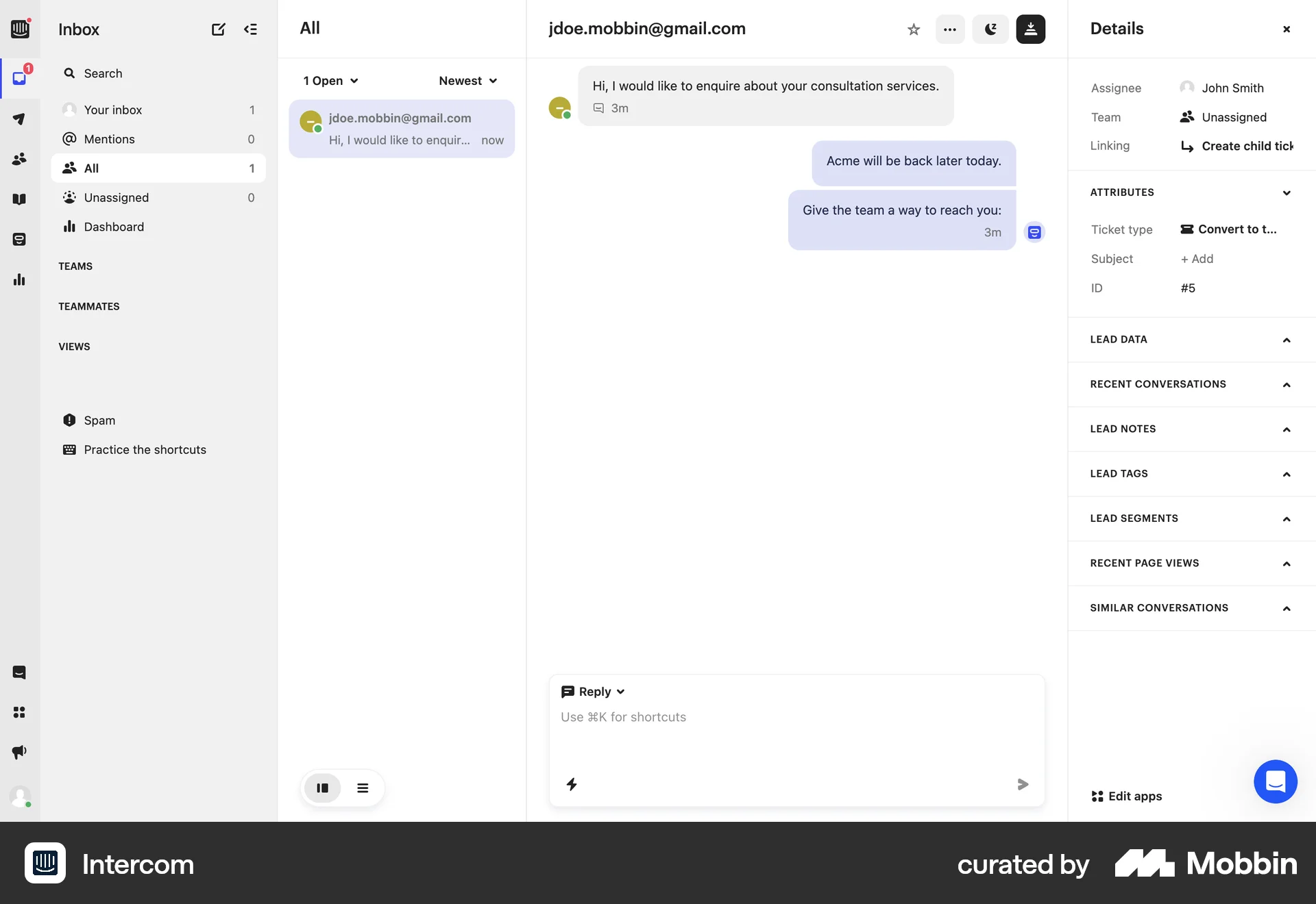 Intercom Web screen containing Editable Text UI element