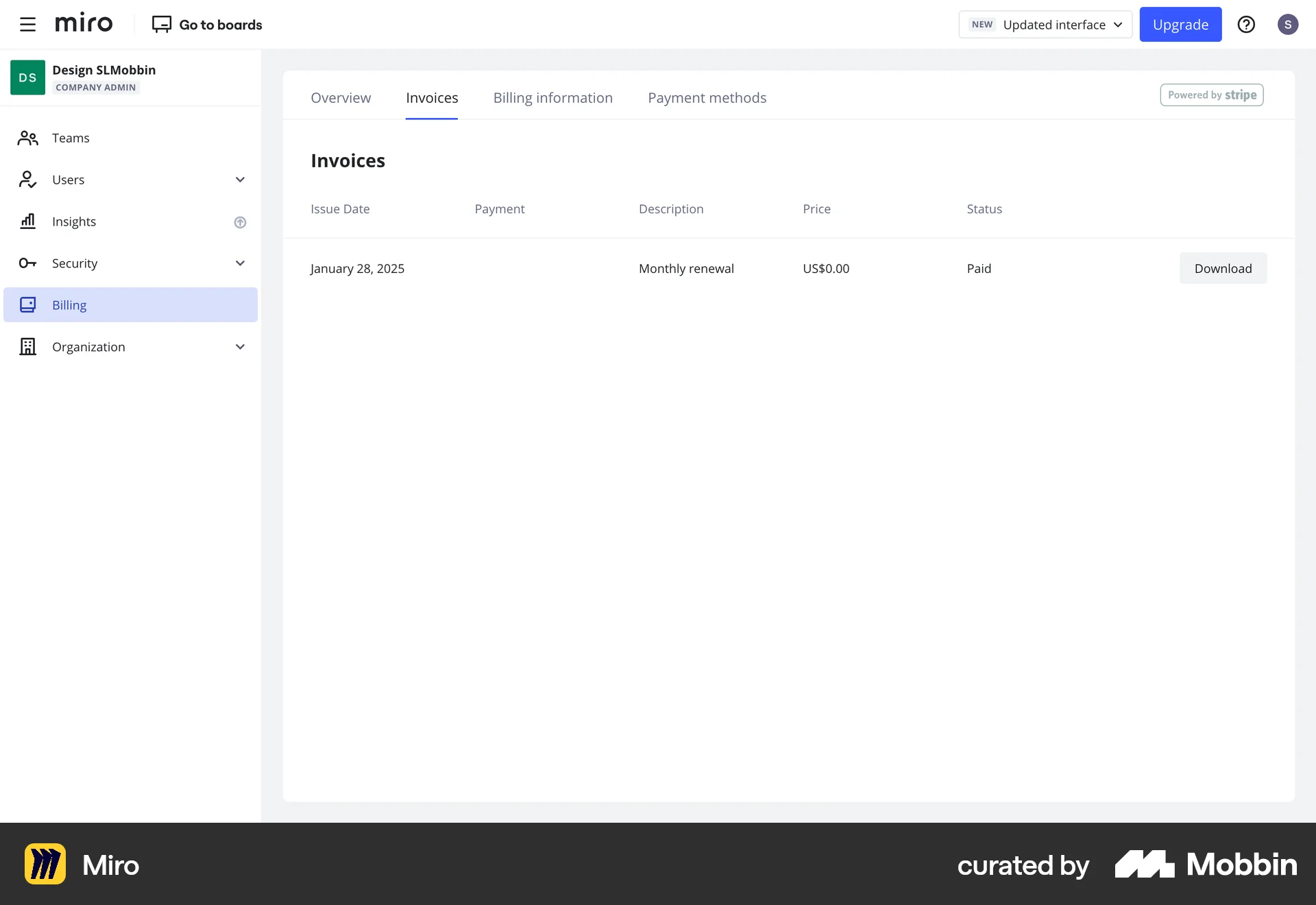 Miro Web Order History screen