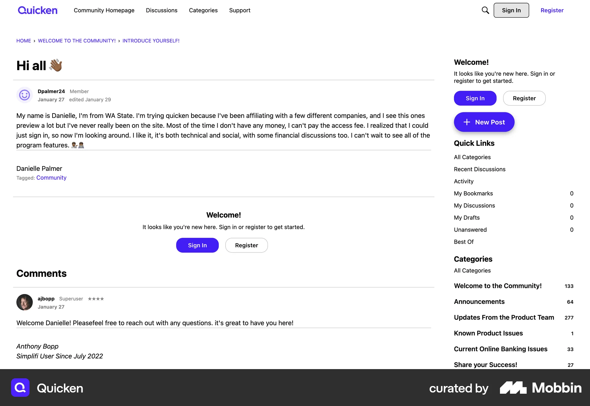 Quicken Web Post Detail screen