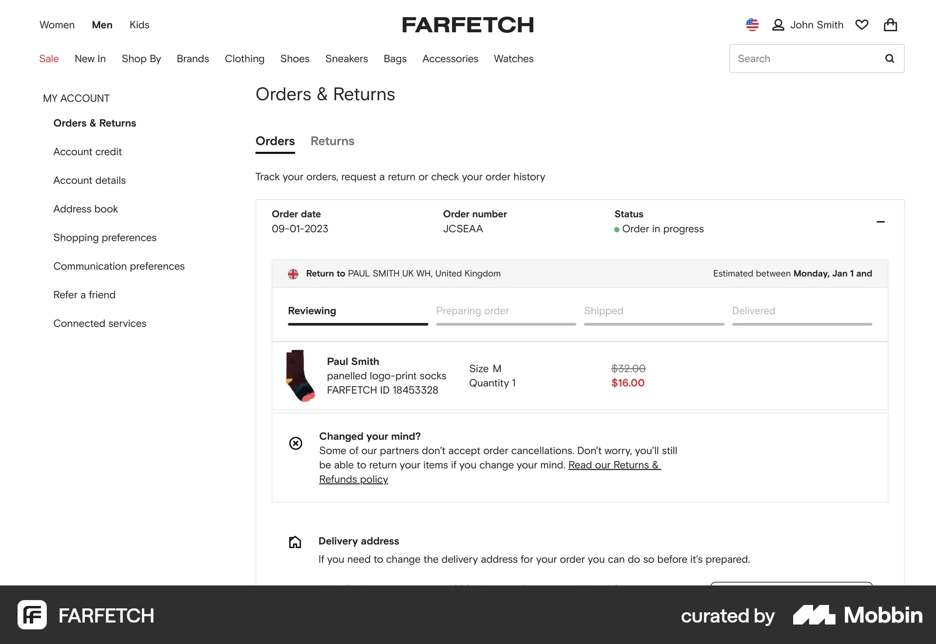 FARFETCH Web Order Detail screen