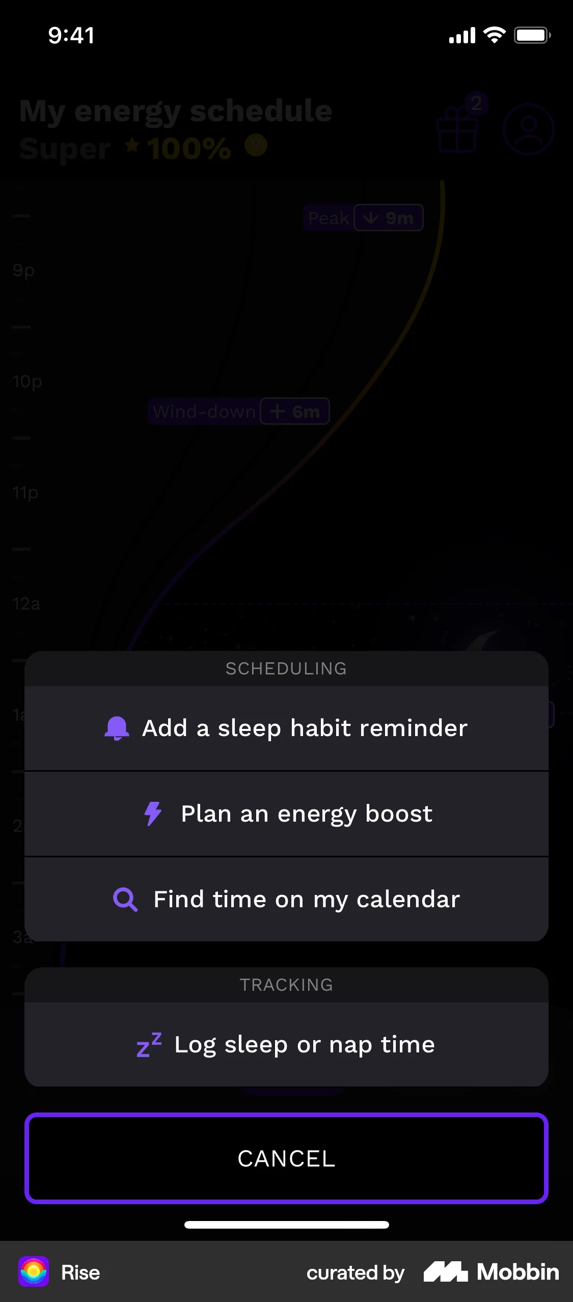 Rise iOS Action Option screen