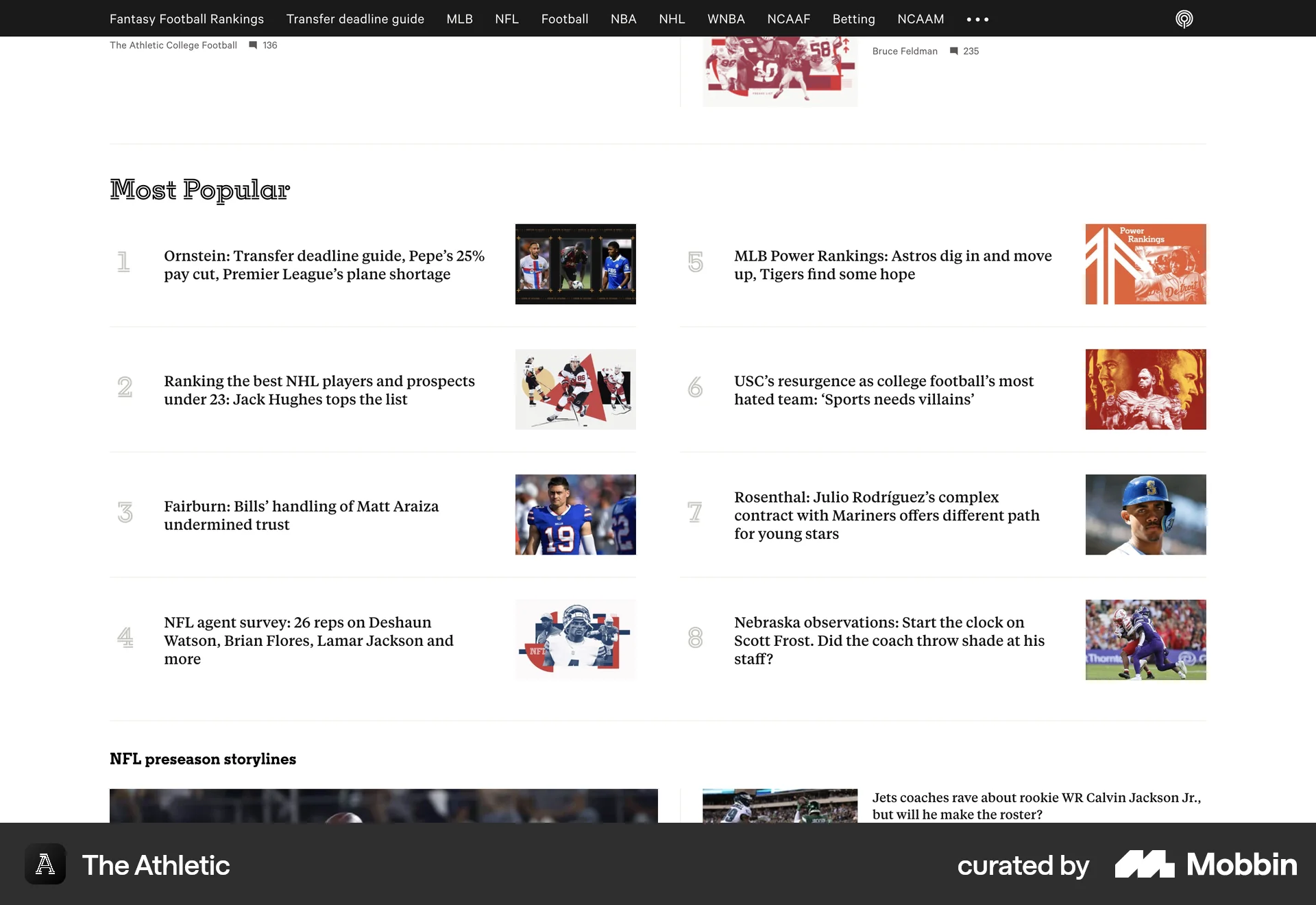 The Athletic Web News Feed screen