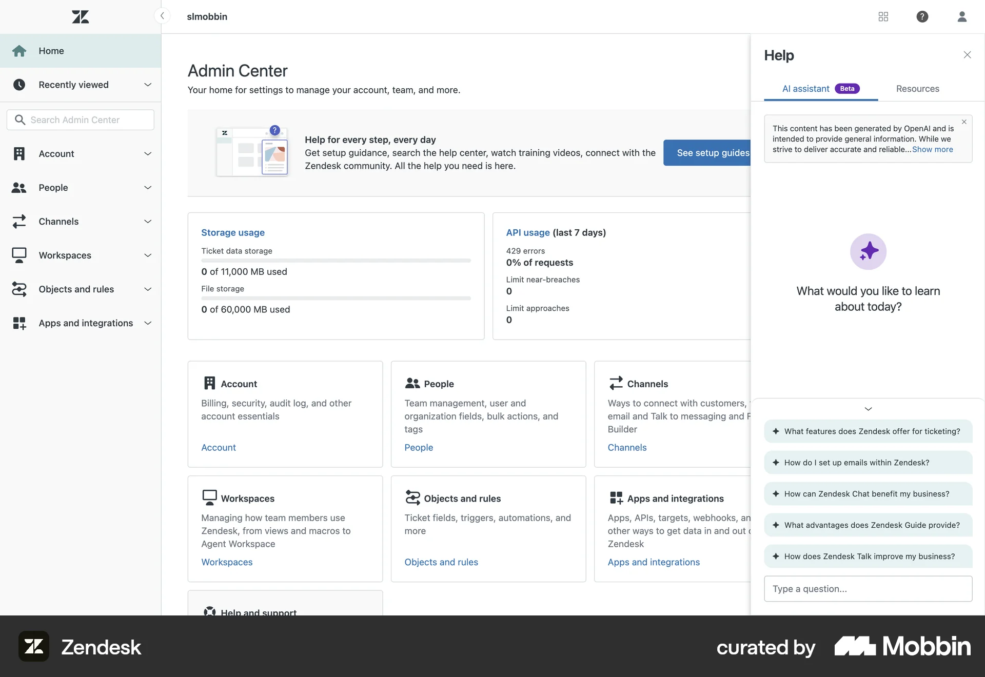 Zendesk Web Admin UI screen