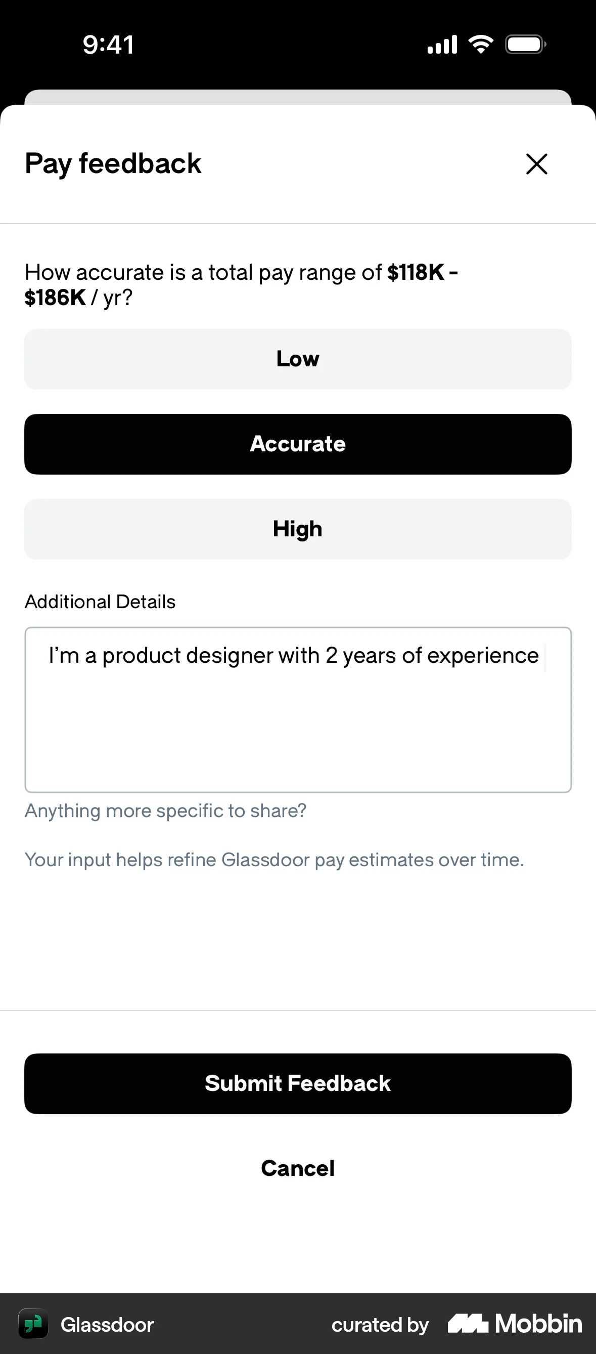 Glassdoor iOS Feedback screen