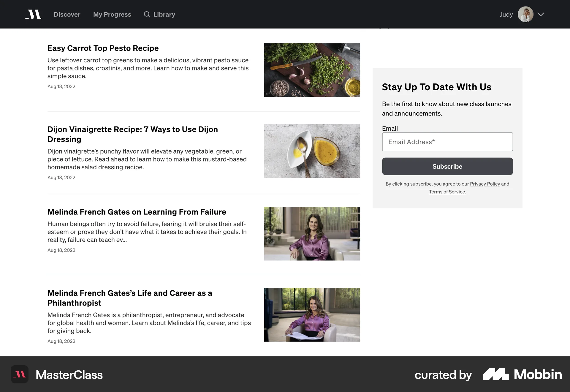 MasterClass Web News Feed screen