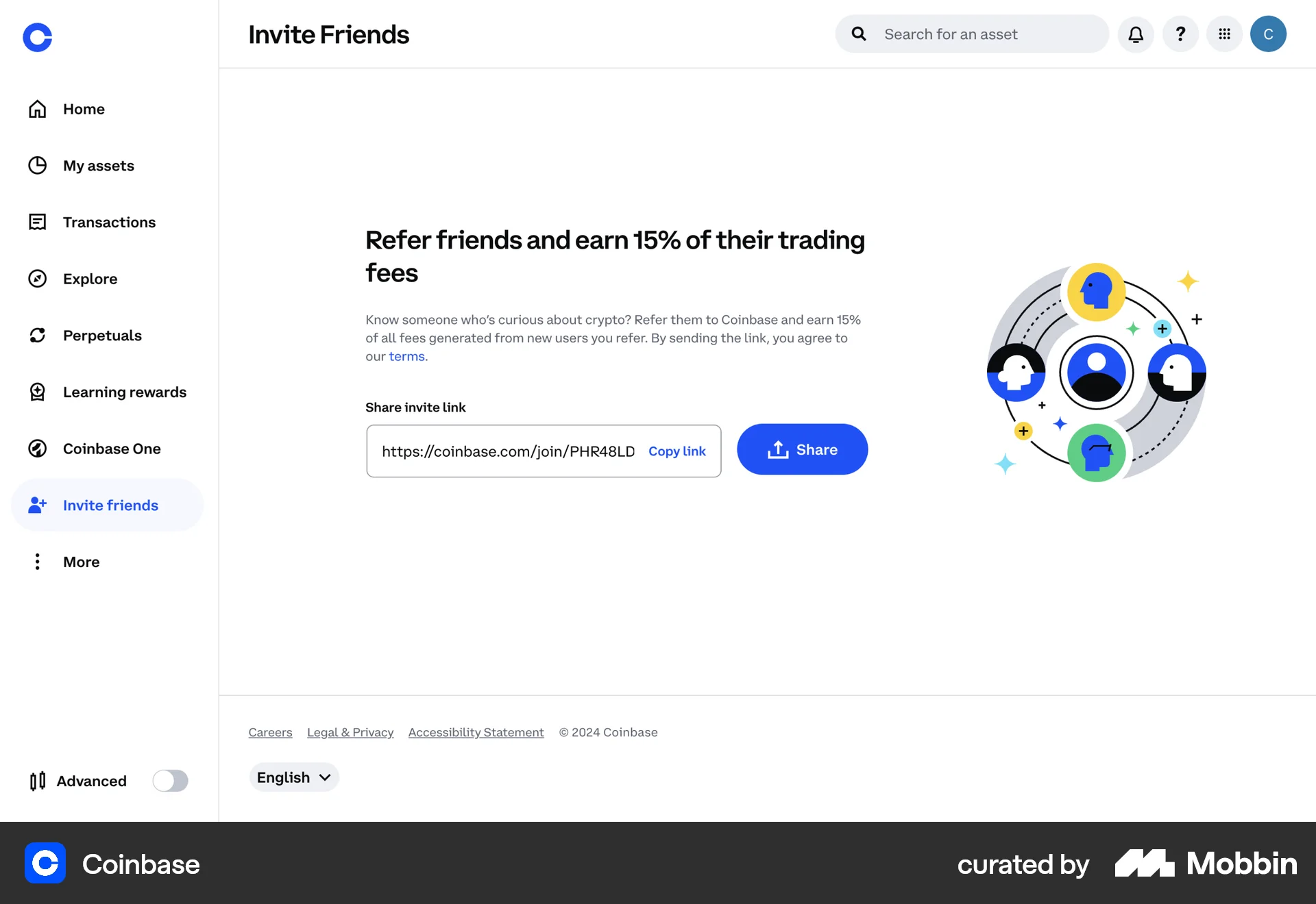 Coinbase Web Invite & Refer Friends screen