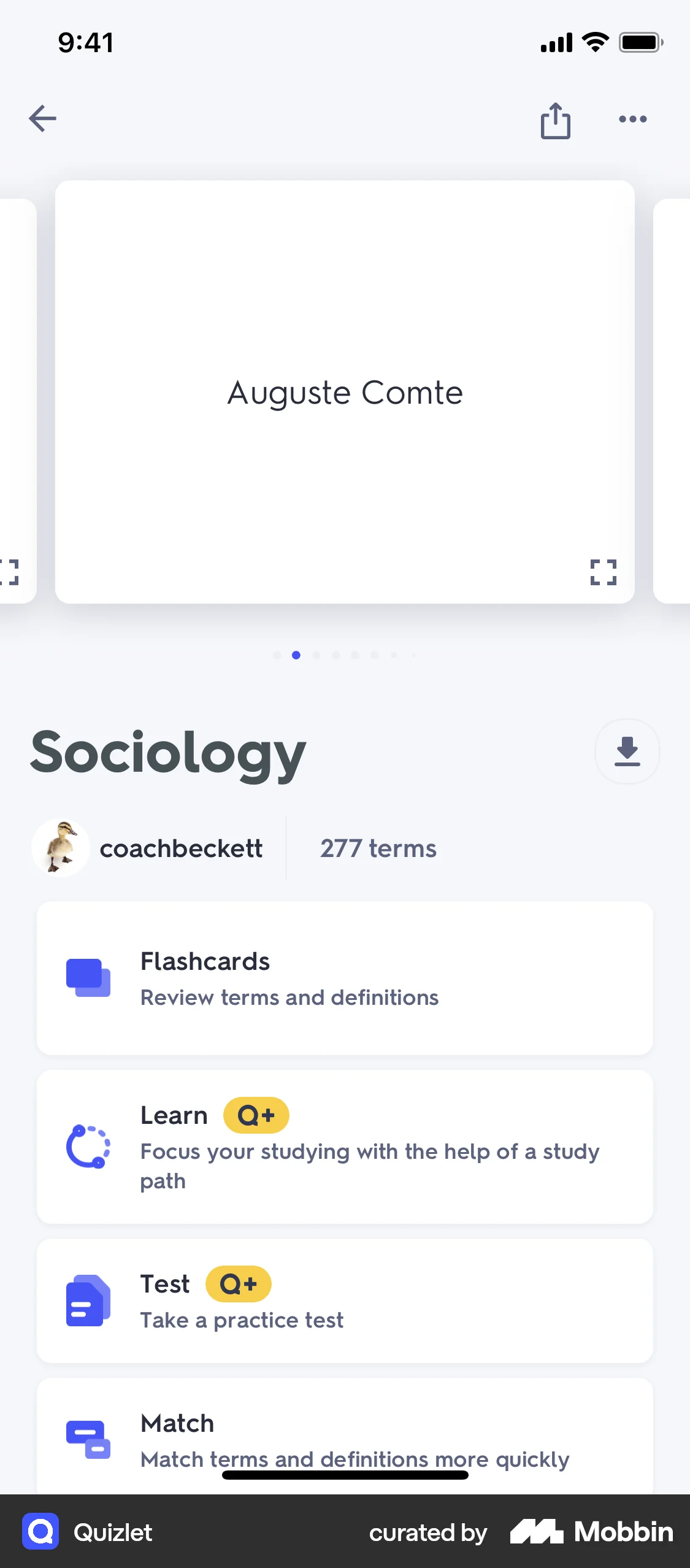 Quizlet iOS Class & Lesson Detail screen