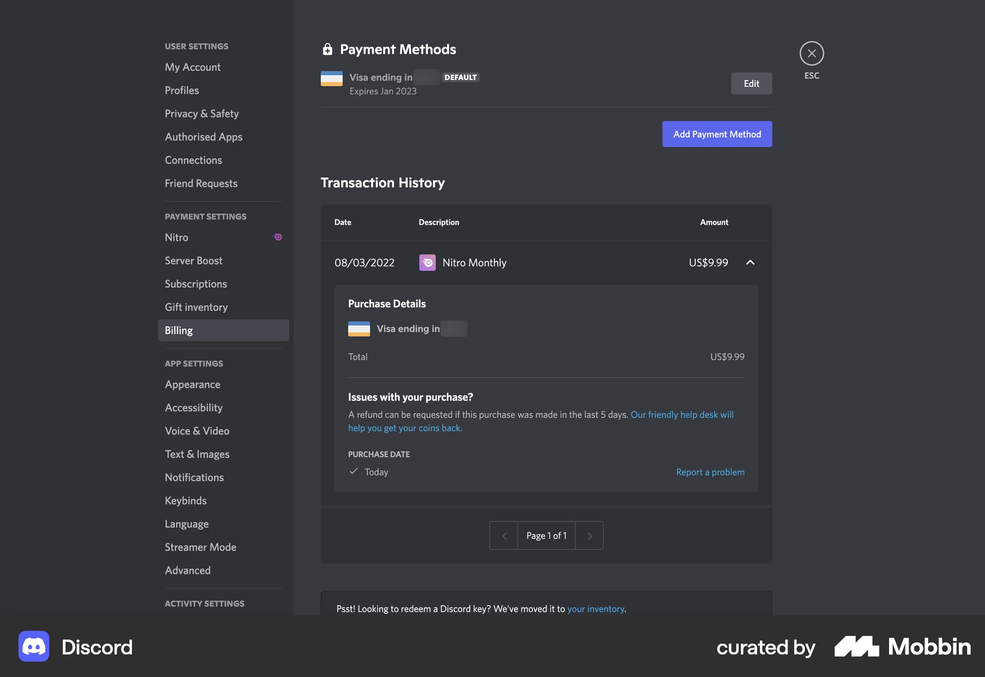 Discord Web Order History screen