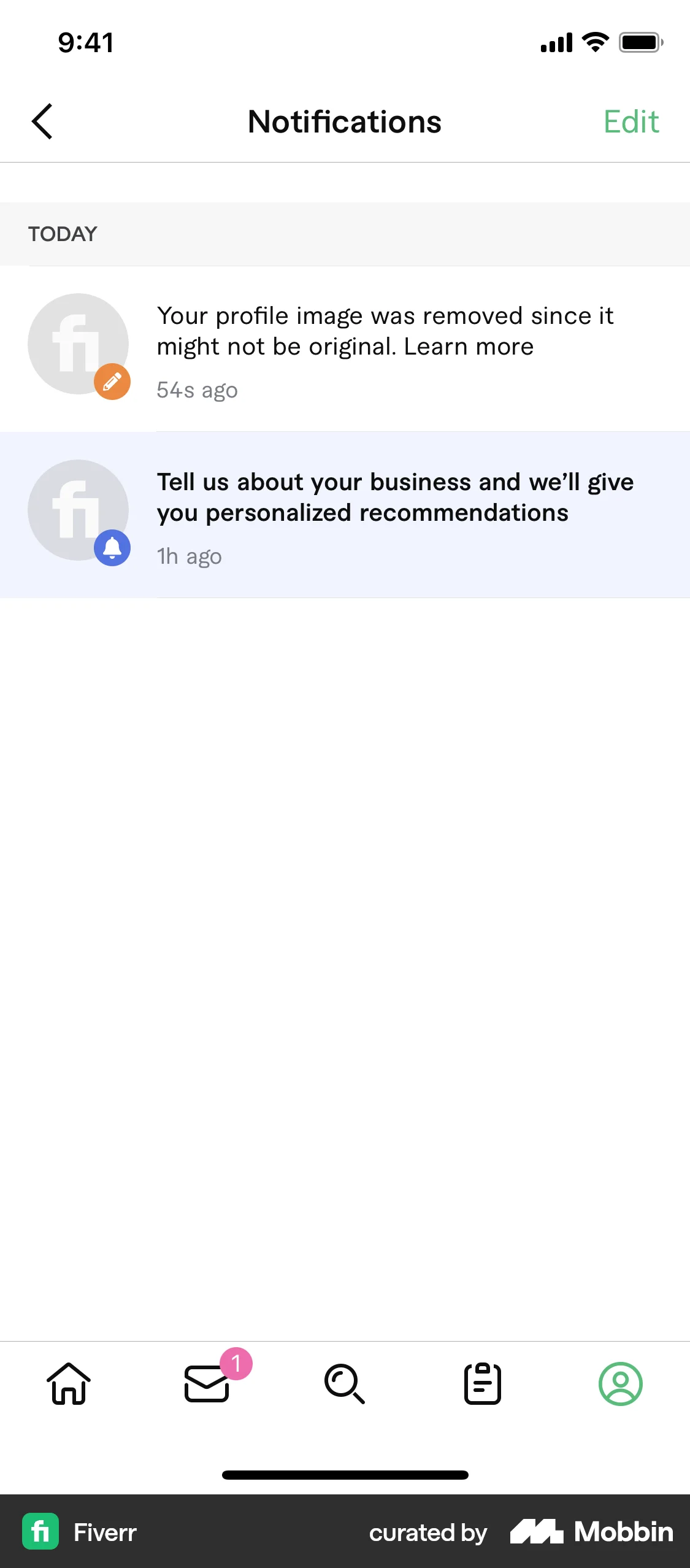 Fiverr iOS Notifications screen