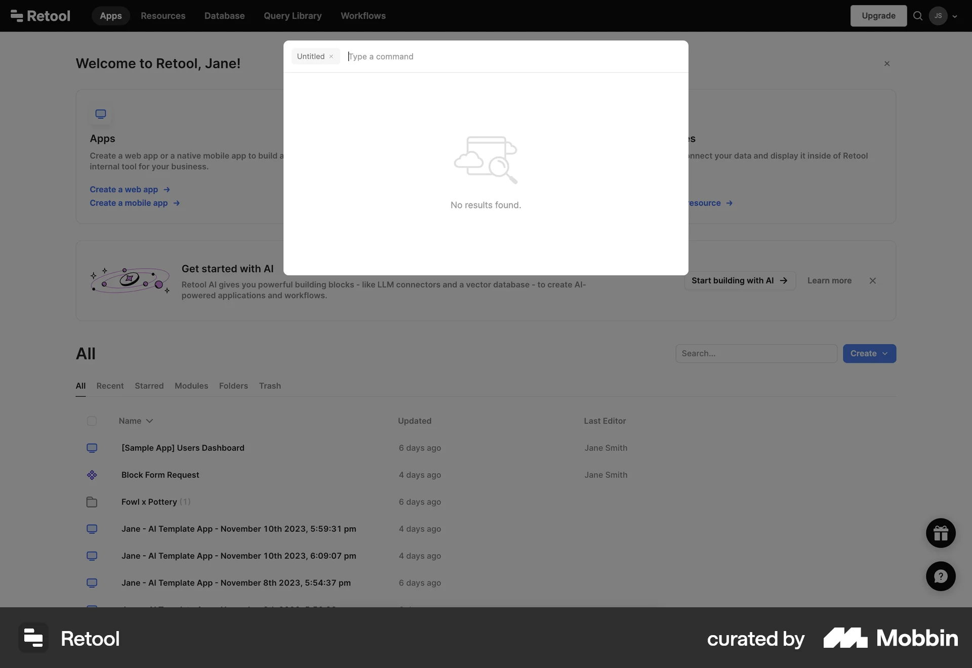 Retool Web Command Palette screen