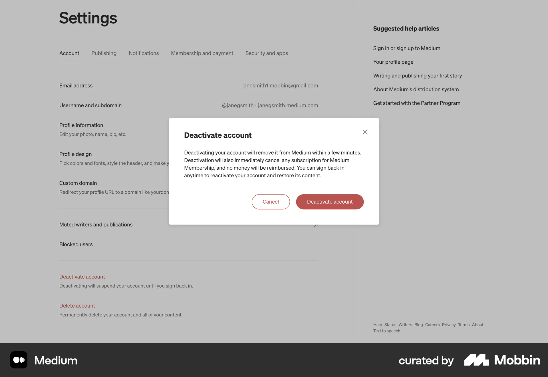 Medium Web Delete & Deactivate Account screen