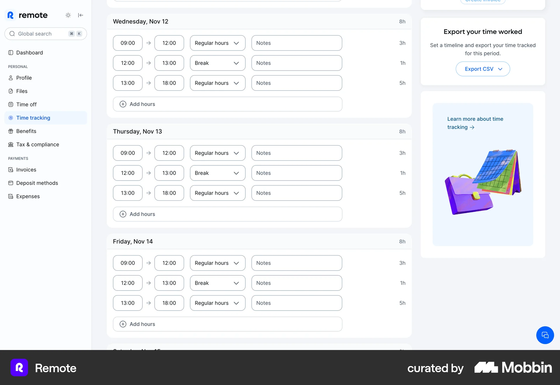 Remote Tracking working time screen