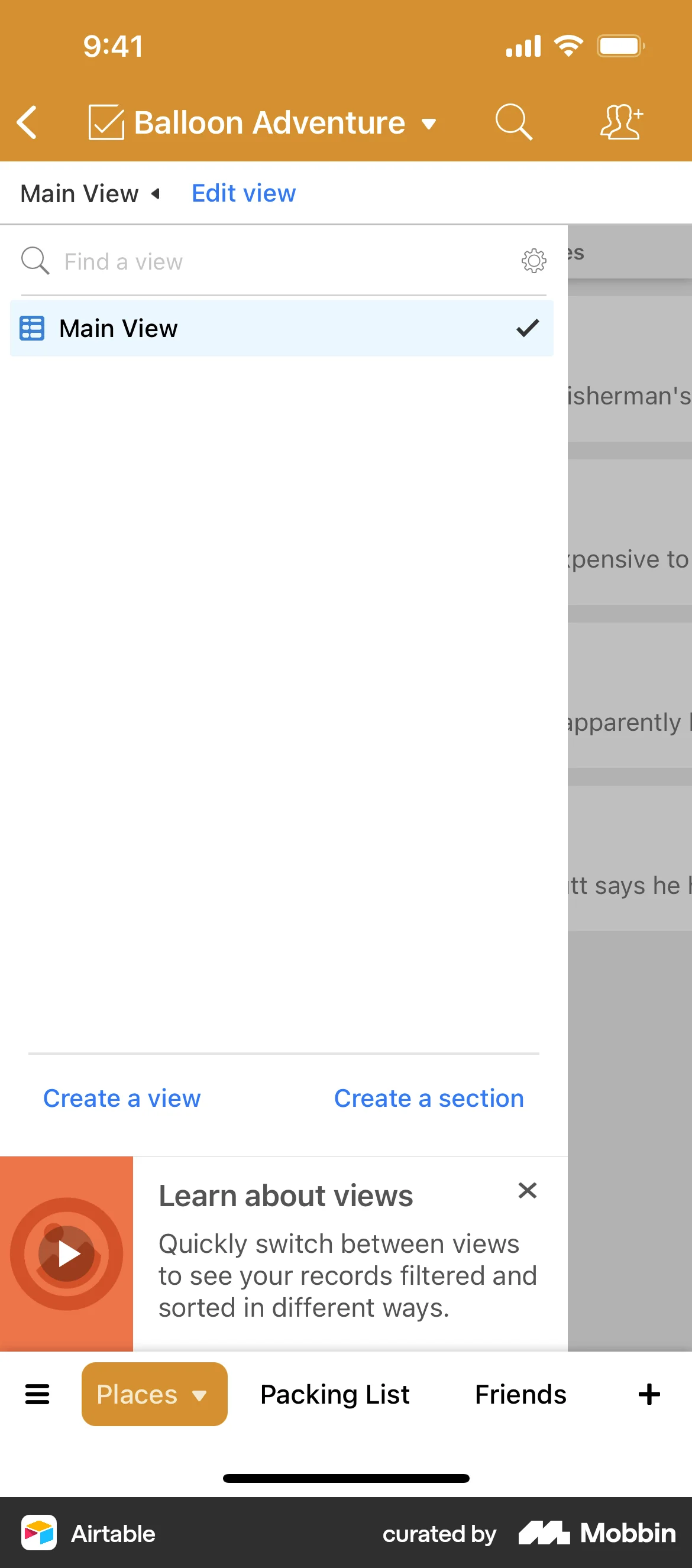 Airtable iOS screen containing Drawer UI element