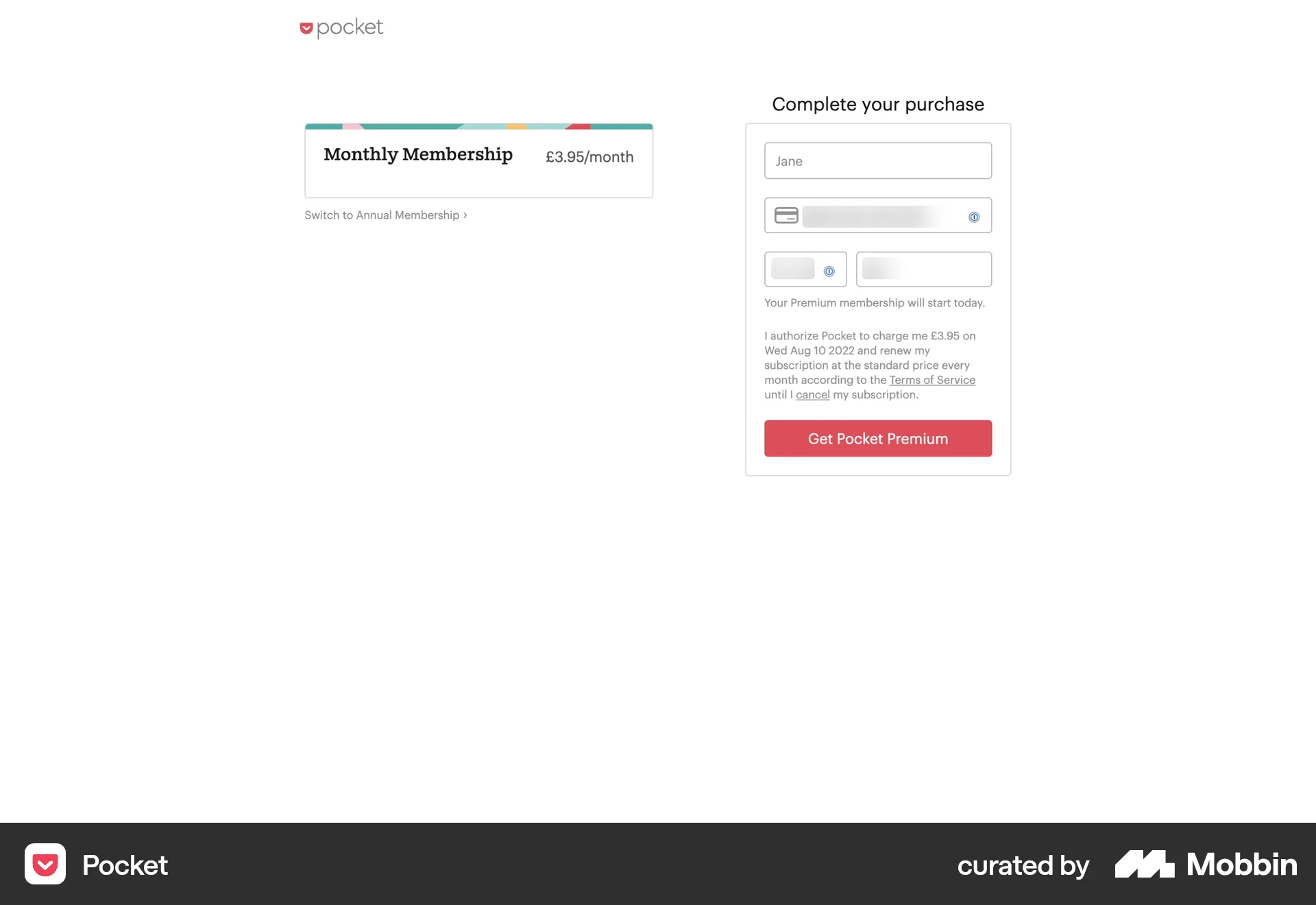Pocket Web Checkout screen