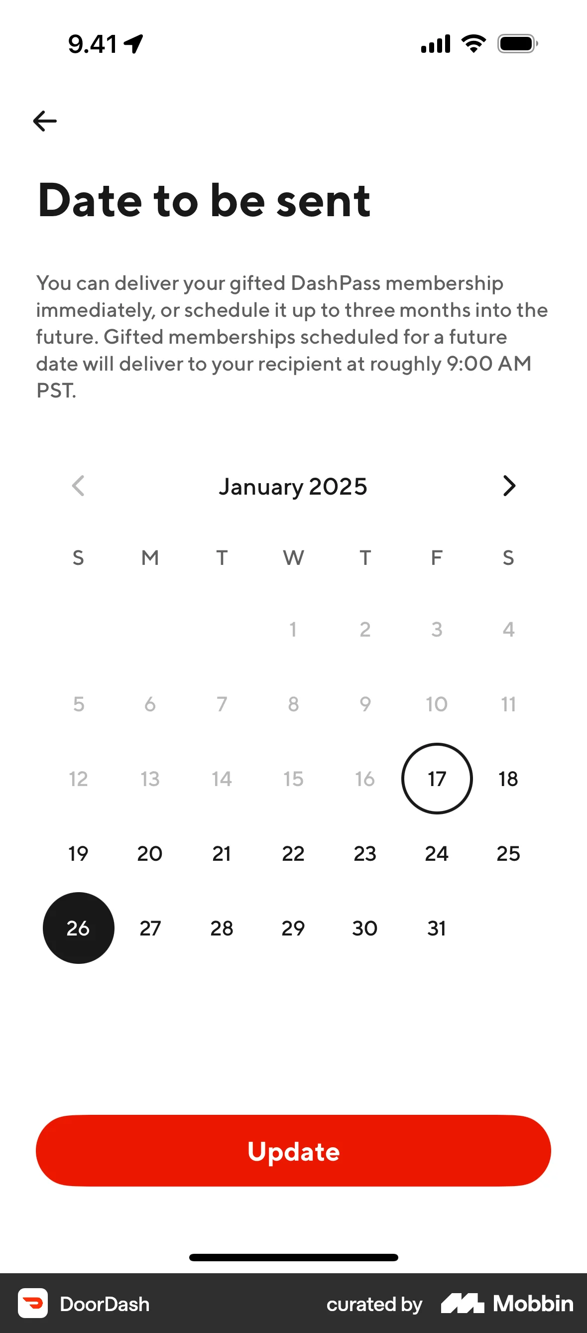 DoorDash iOS Calendar screen