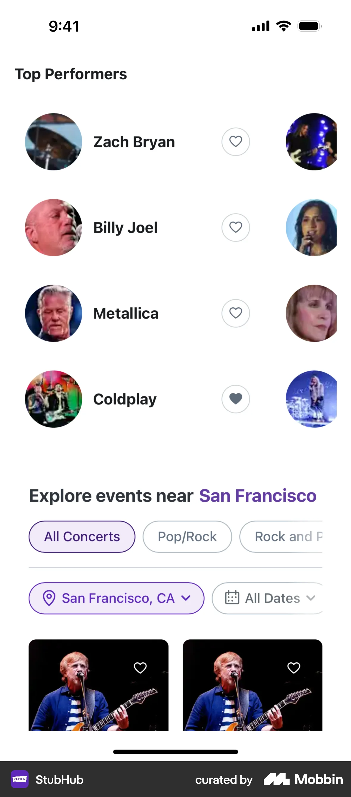 StubHub iOS Favorite & Pin screen