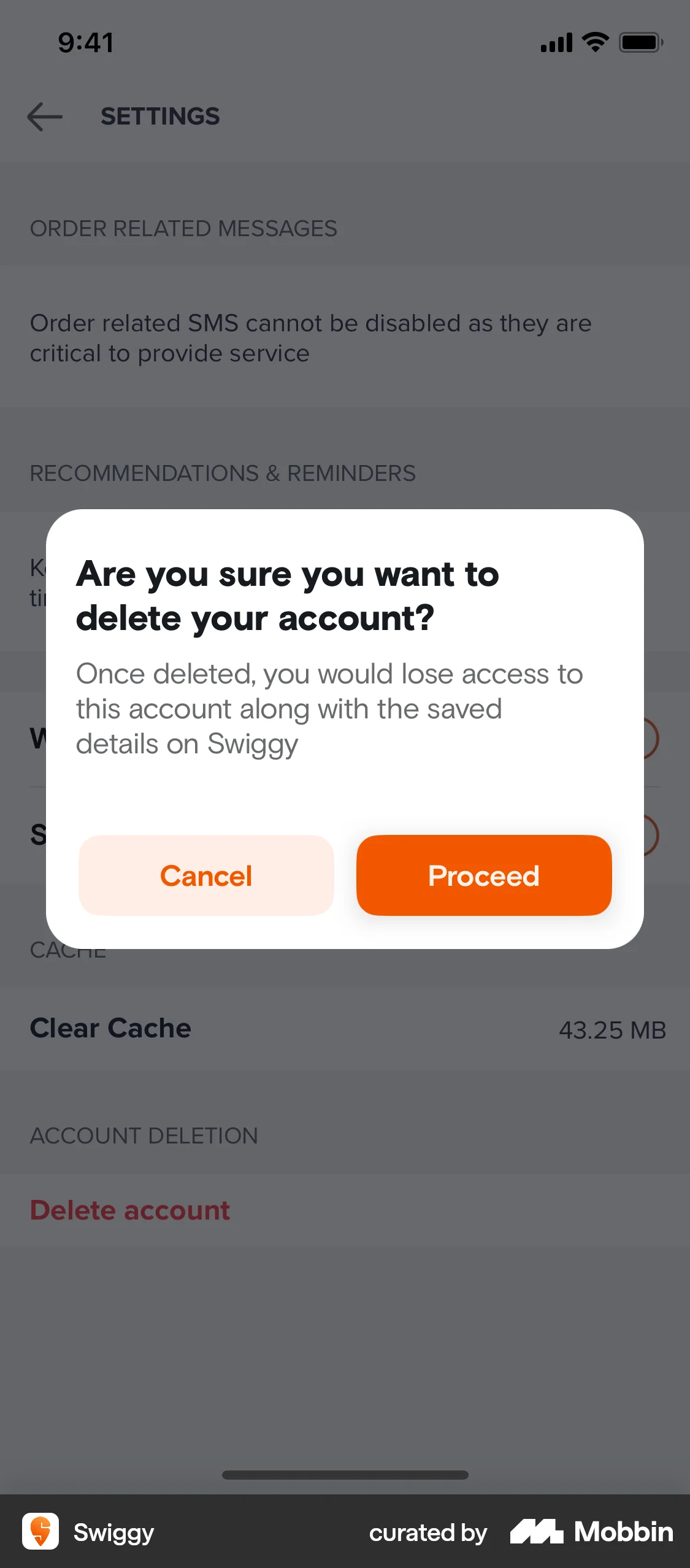Swiggy iOS Delete & Deactivate Account screen