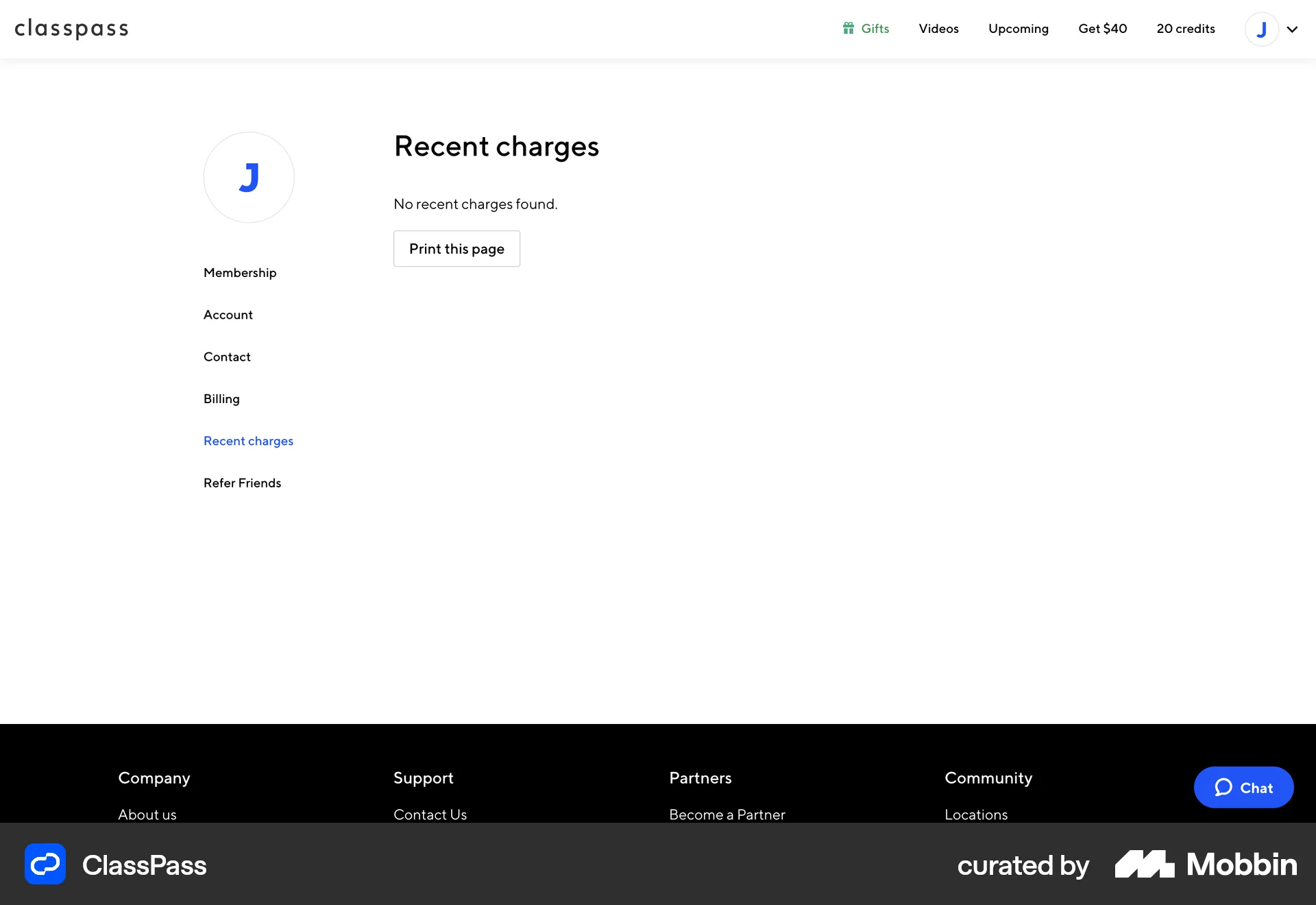 ClassPass Web Order History screen