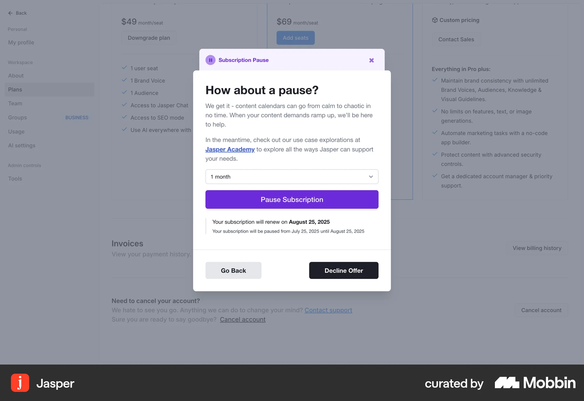 Jasper Web Cancel screen